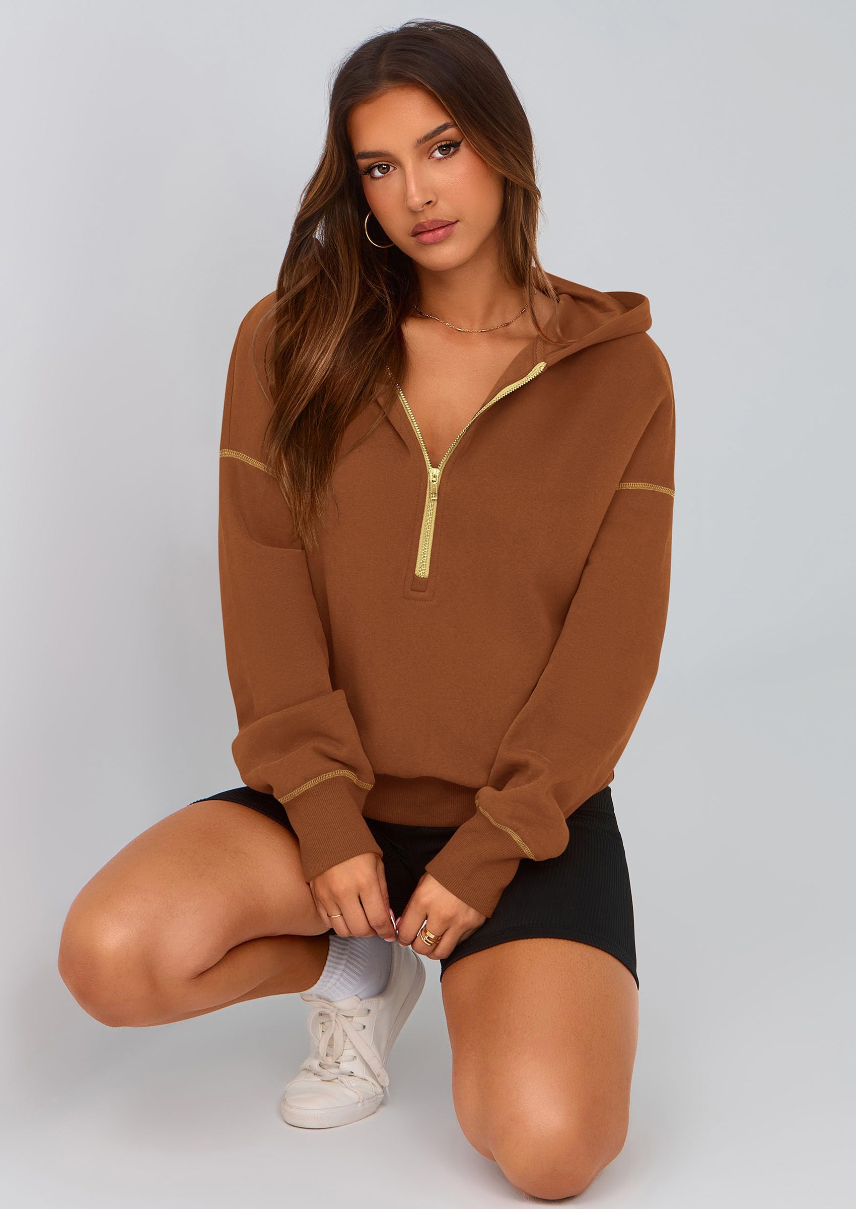 PRETTYGARDEN Women's  Fall Hooded Sweatshirts Long Sleeve Half Zip Cropped Hoodies Pullover Winter Fashion Clothes