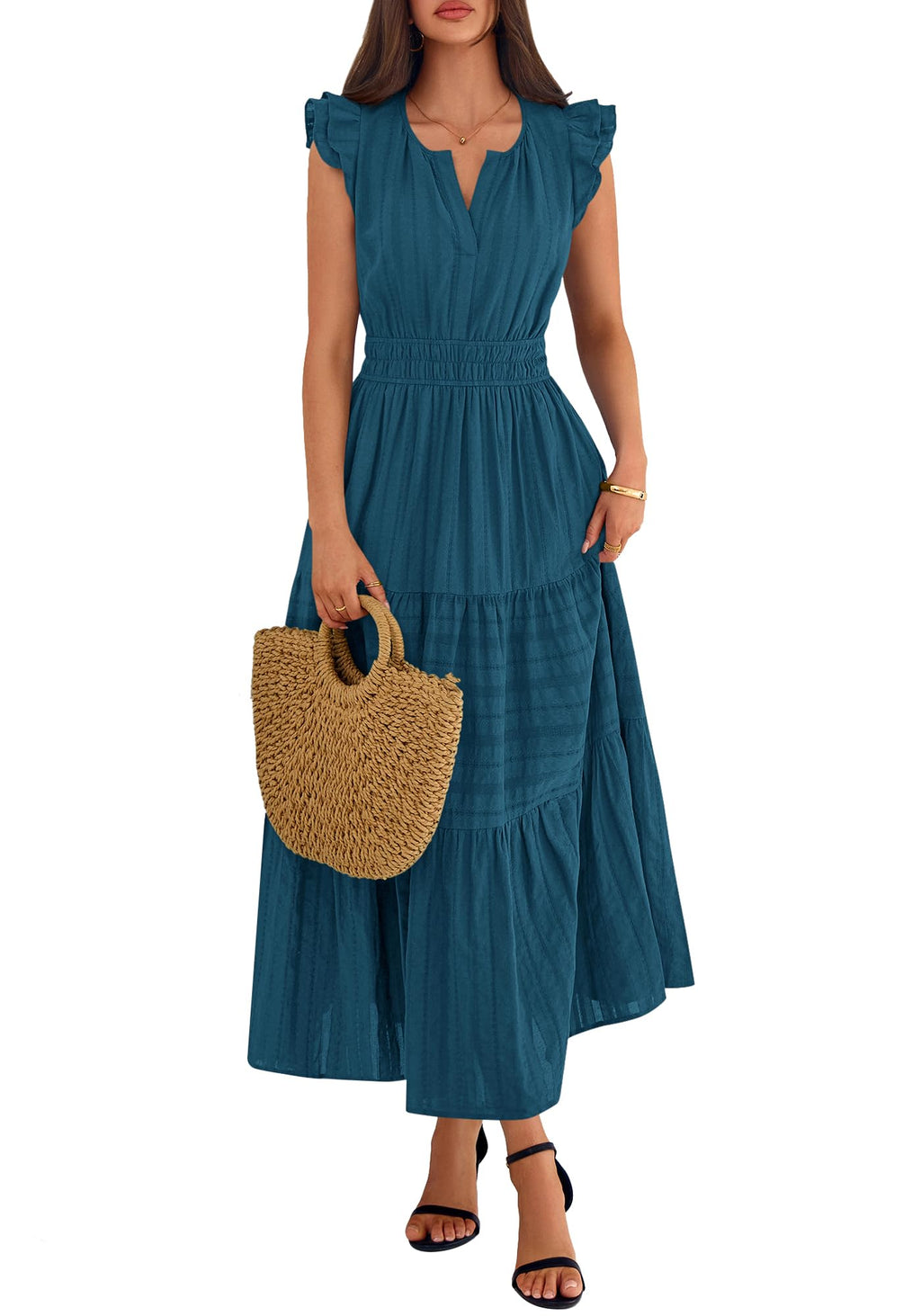 BTFBM Womens Summer Maxi Dress  Spring Boho Vacation Ruffle Flutter Short Sleeve A Line Tiered Flowy Dresses Pockets