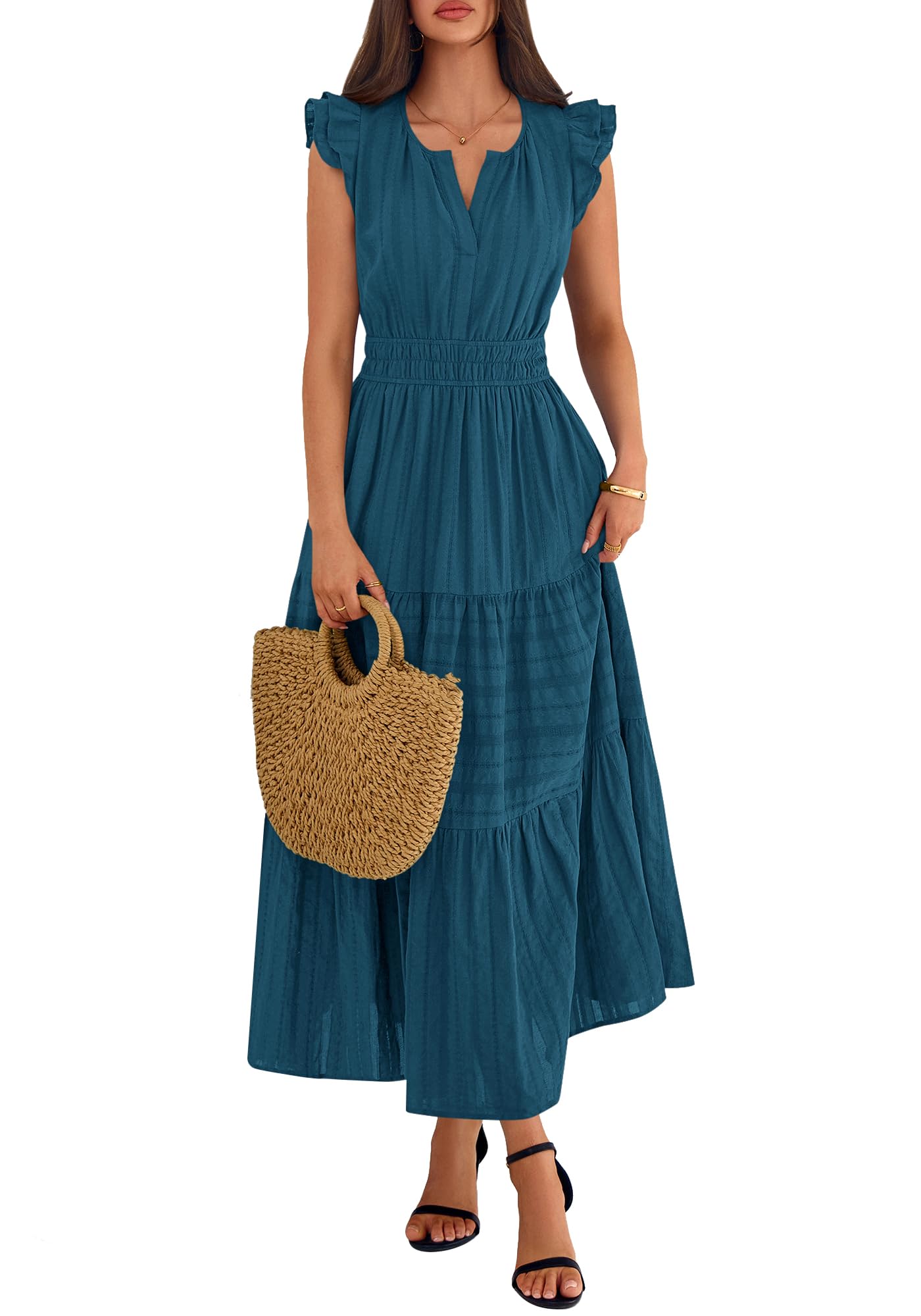 BTFBM Womens Summer Maxi Dress  Spring Boho Vacation Ruffle Flutter Short Sleeve A Line Tiered Flowy Dresses Pockets
