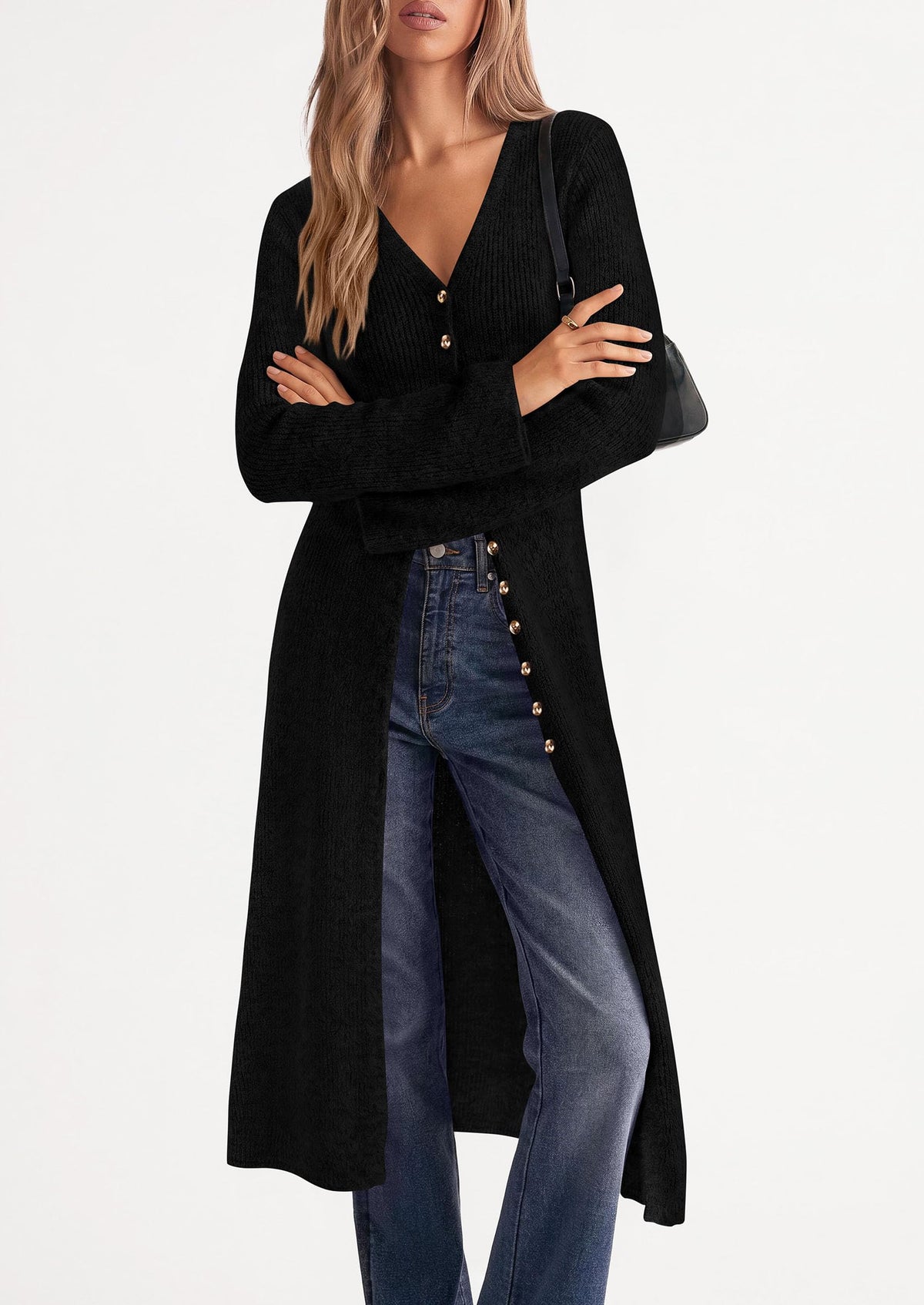 PRETTYGARDEN Women Long Cardigan Bell Sleeve Sweater Dress Early Fall Fashion, V Neck Button Down Coats, Fit and Flare, Duster Sweater, Acrylic Cotton Blend