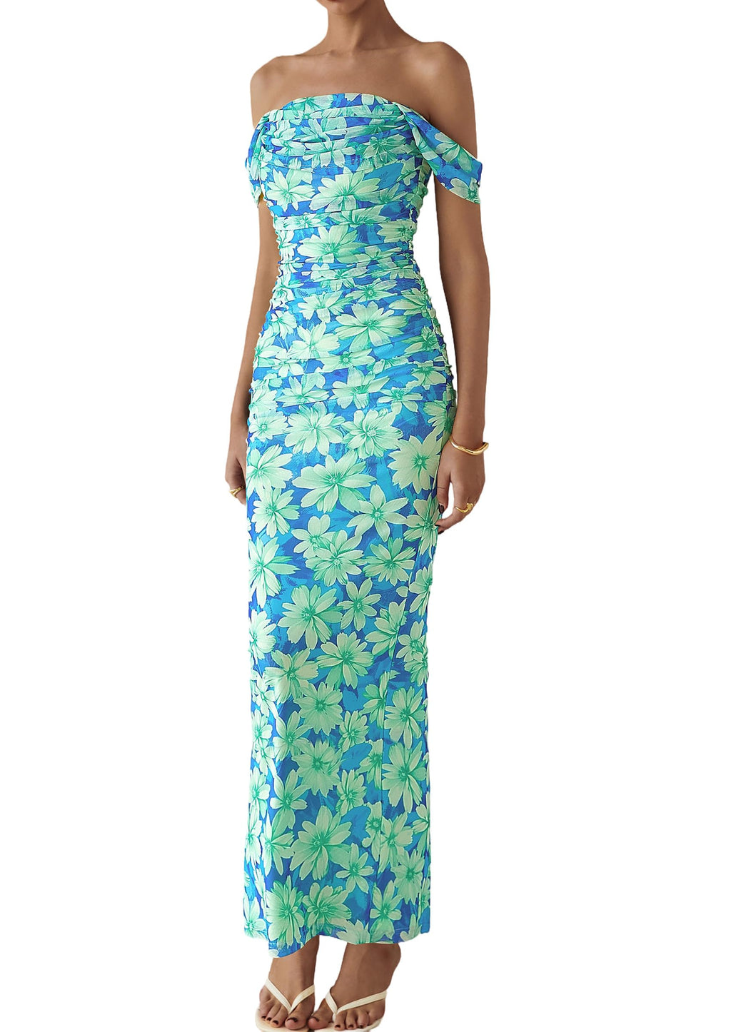 PRETTYGARDEN Cocktail Dresses for Women Summer Floral Off Shoulder Ruched Mesh Elegant Wedding Guest Maxi Dress
