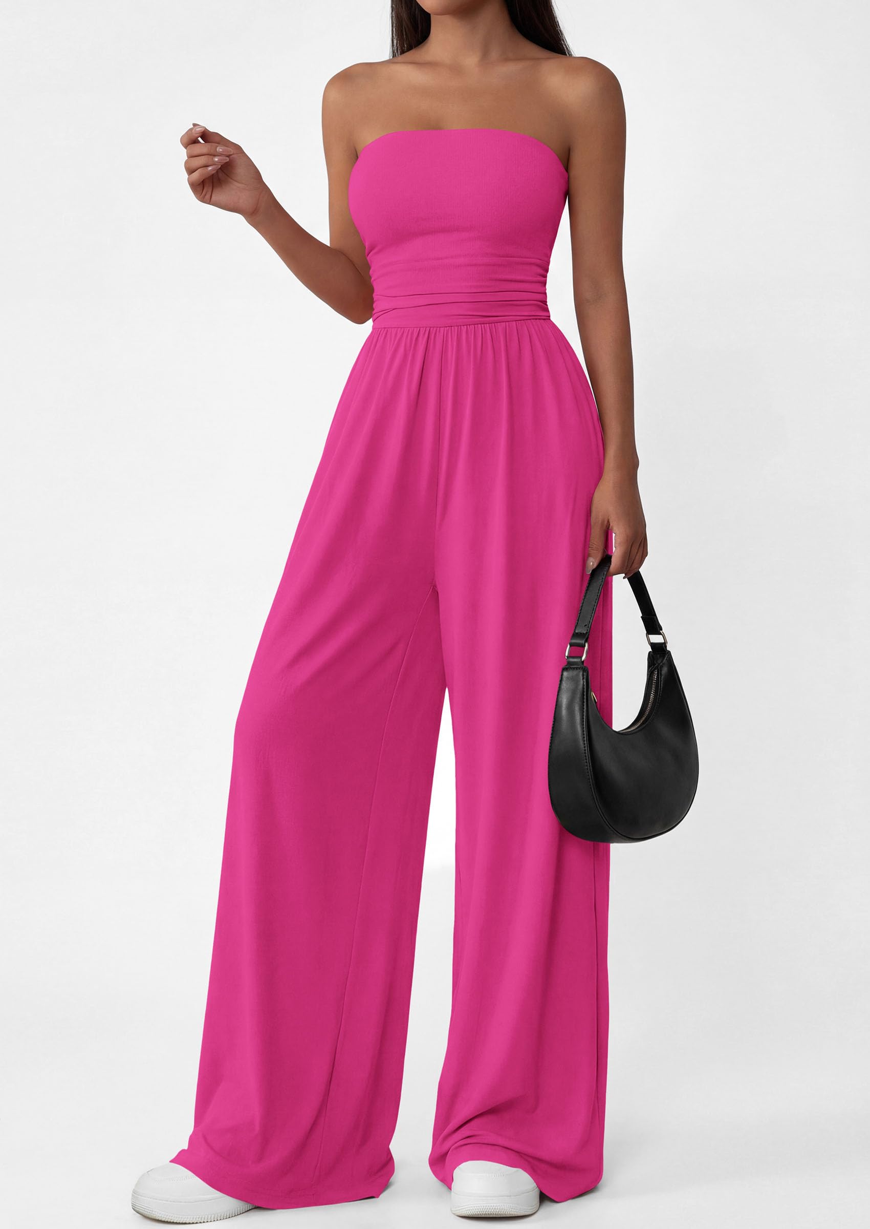 PRETTYGARDEN Womens Trendy Strapless Rompers Ruched Tube Top Wide Leg One Piece Jumpsuits Beach Vacation Summer Outfits