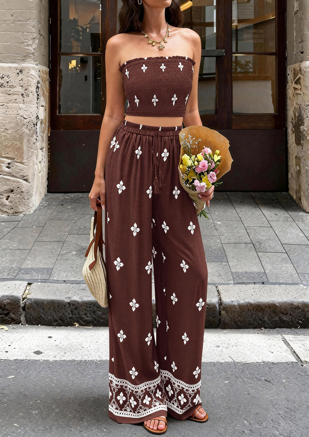 PRETTYGARDEN 2 Piece Sets for Women Summer  Travel Outfits Print Tube Tops Wide Leg Pants Beach Vacation Clothes