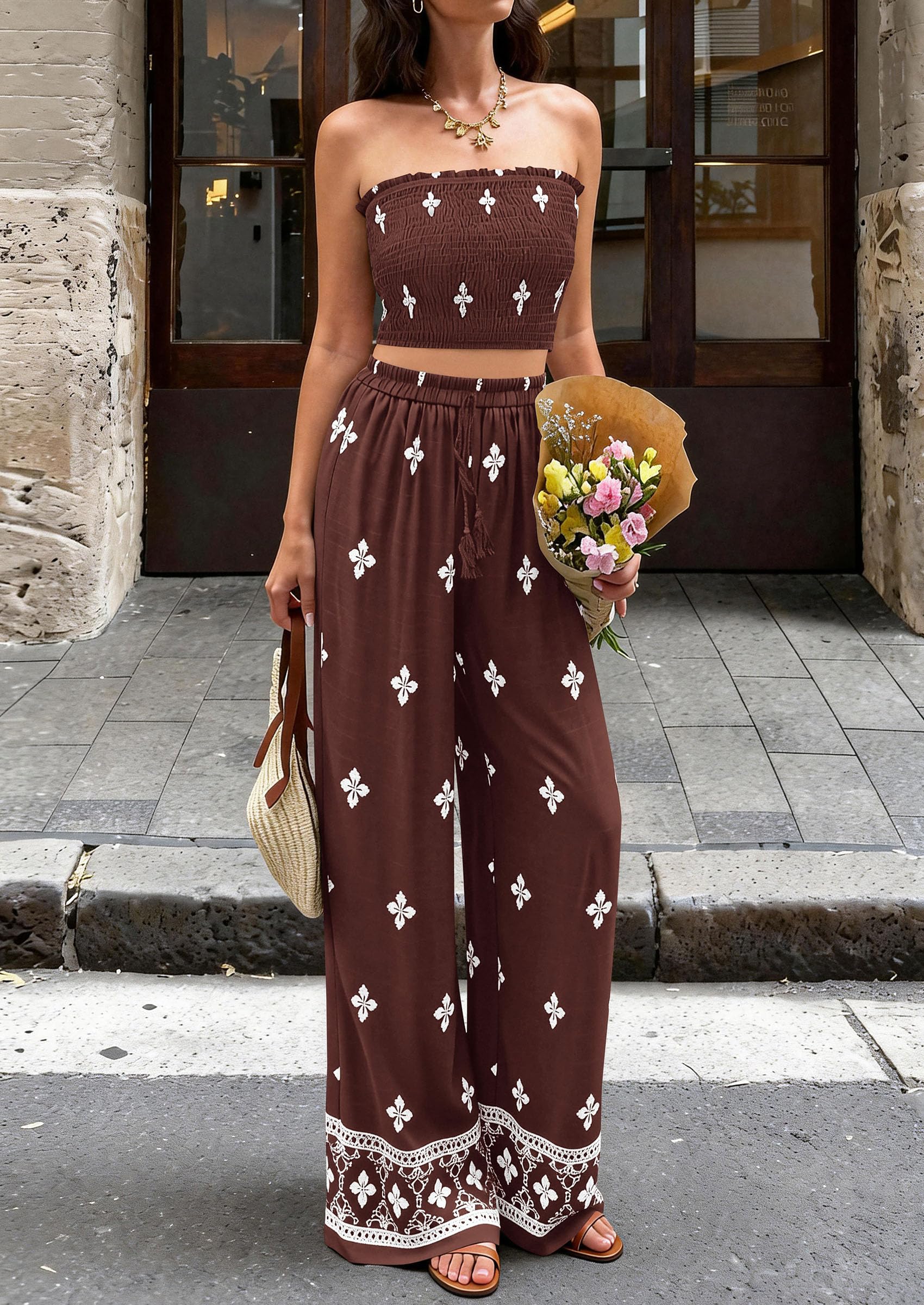 PRETTYGARDEN 2 Piece Sets for Women Summer  Travel Outfits Print Tube Tops Wide Leg Pants Beach Vacation Clothes