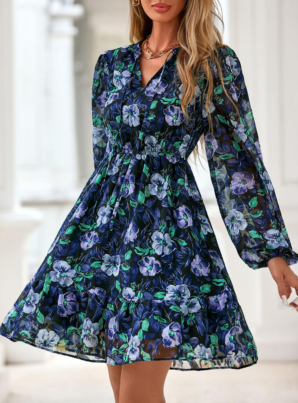 PRETTYGARDEN Women's Fall Boho Dresses  Floral Long Sleeve V Neck Mini Flowy Wedding Guest Dress Trendy Vacation Outfits
