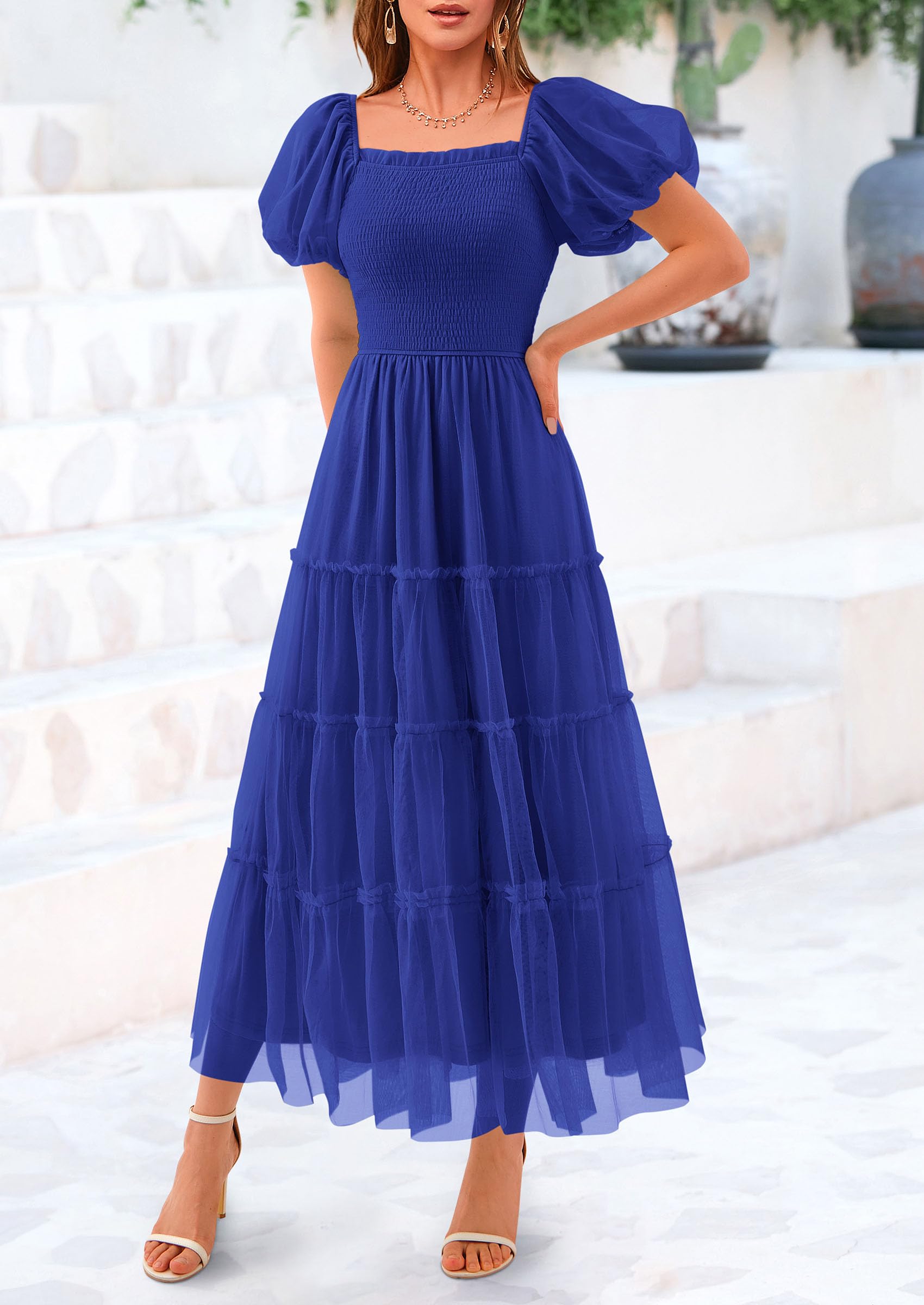 PRETTYGARDEN Women's Smocked Midi Tulle Dress  Summer Puffy Short Sleeve Square Neck Ruffle Wedding Guest Party Dresses
