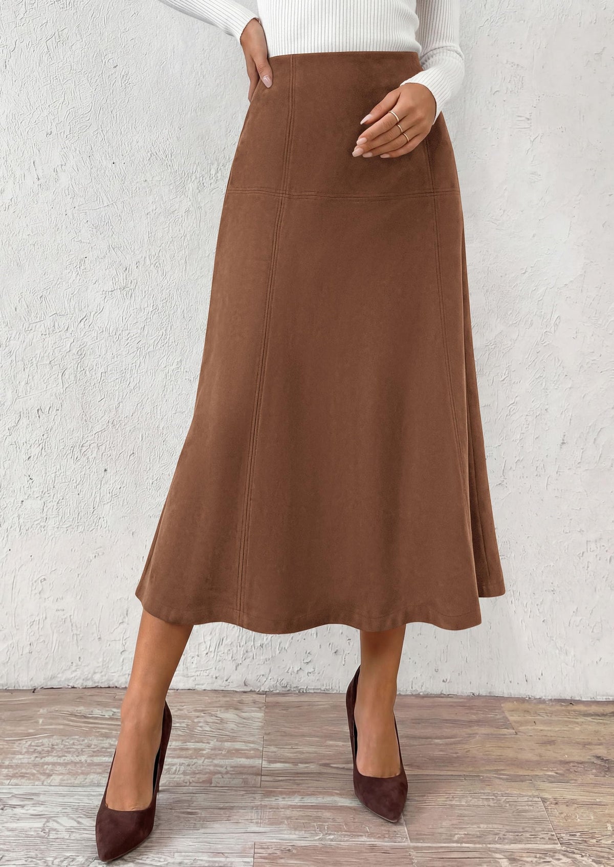 PRETTYGARDEN Womens High Waist Faux Suede A Line Midi Skirt | Hidden Stretch Elastic Waist, Front Back Panel Stitching, Vintage Elegant Mid-Calf Long Skirts for Fall Winter Office Daily