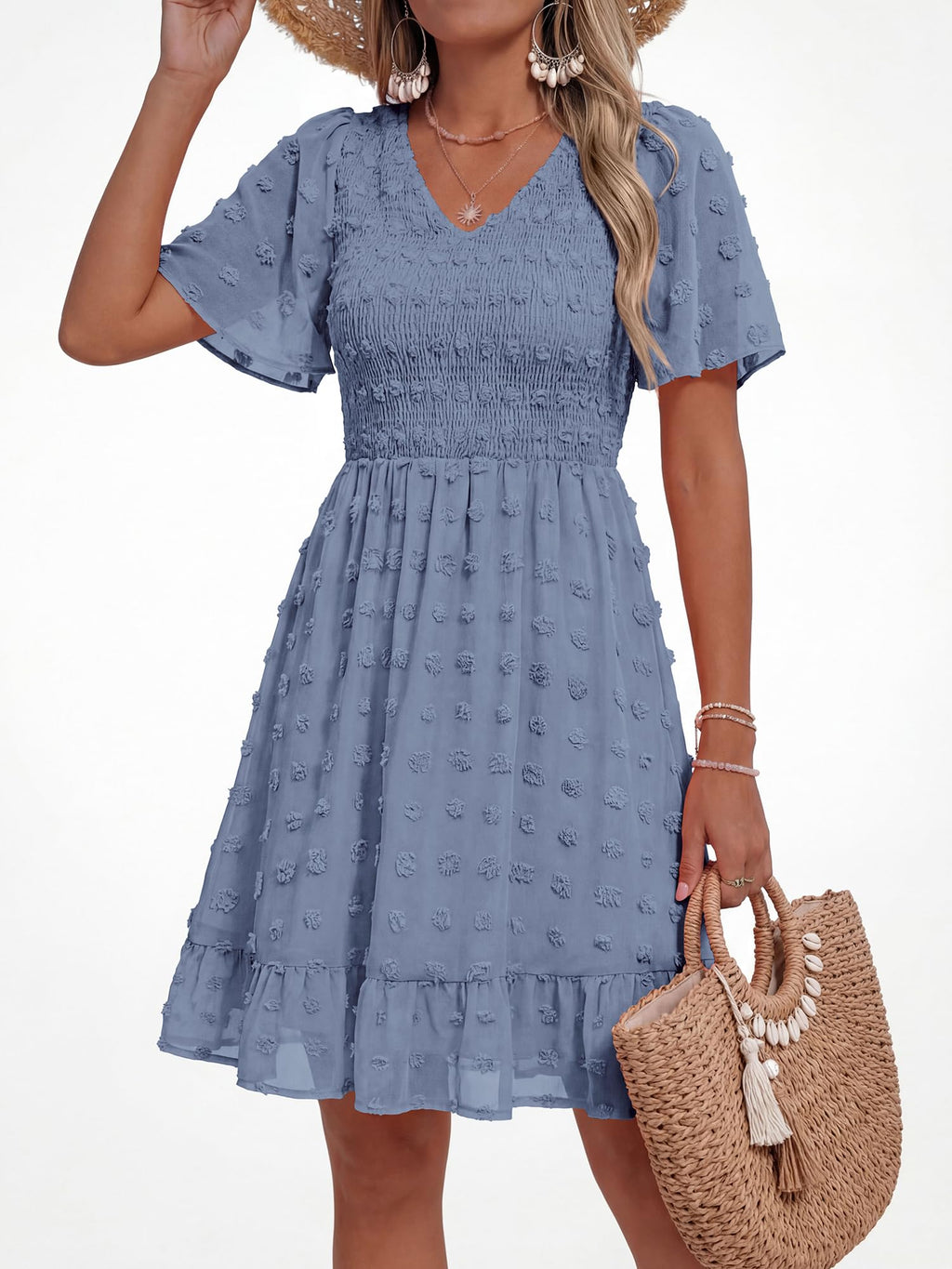 FreshPretty Womens Beach Vacation Dress Summer V Neck Short Sleeve Smocked Swiss Dot Ruffle Casual Mini Spring Dresses