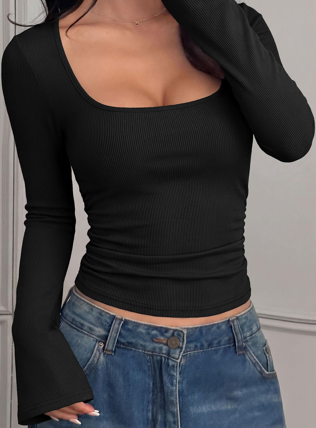 PRETTYGARDEN Womens Bell Long Sleeve Shirts Going Out Tops | Soft Stretchy Ribbed Knit, Square Neck, Slim Fit Y2K Clothes, Trendy Side Ruched, Layering Tee for Casual Fall & Winter Wear
