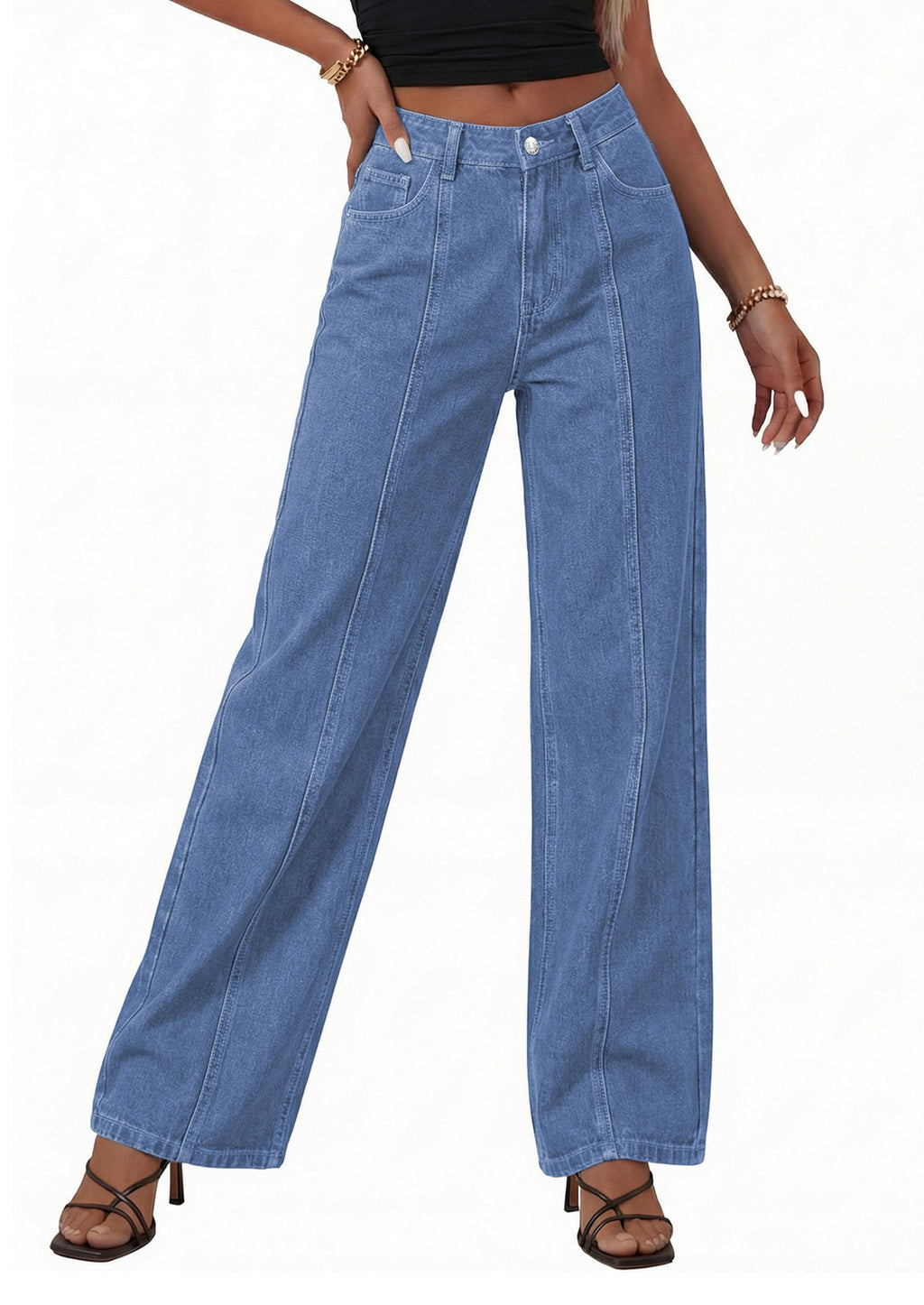 PRETTYGARDEN Women's Wide Leg Jeans High Waisted Stretchy Baggy Seamed Front Denim Palazzo Pants Summer Fashion Clothes