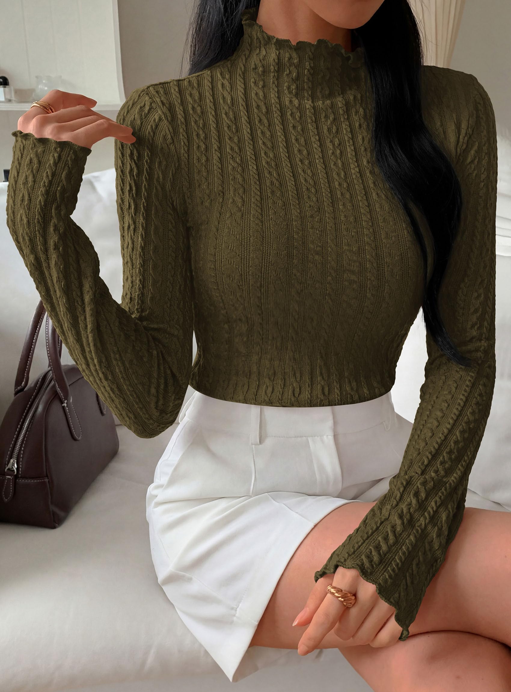 PRETTYGARDEN Women's Fall Long Sleeve Fitted Shirts | Comfy Stretchy Cable Knit, Trendy Lettuce Trim Mock Neck, Casual Basic Tees, Cute Layering Tops, 2026 Fashion Clothing