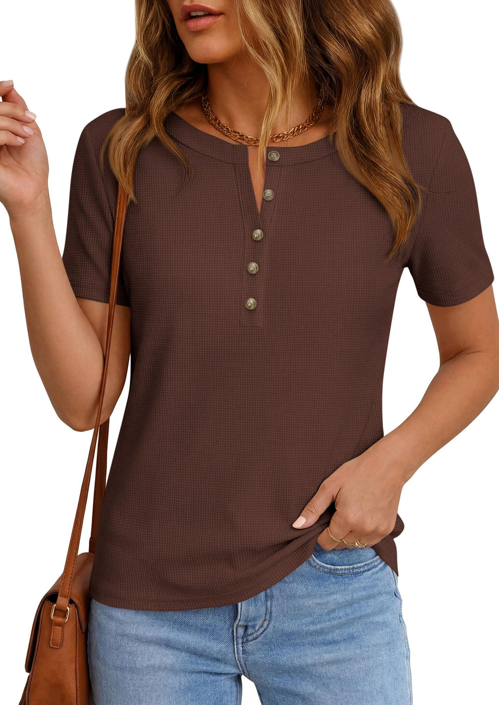 PRETTYGARDEN Waffle Knit Tops for Women Short Sleeve Henley Shirts  Summer Blouses Dressy Casual Spring Fashion Clothes
