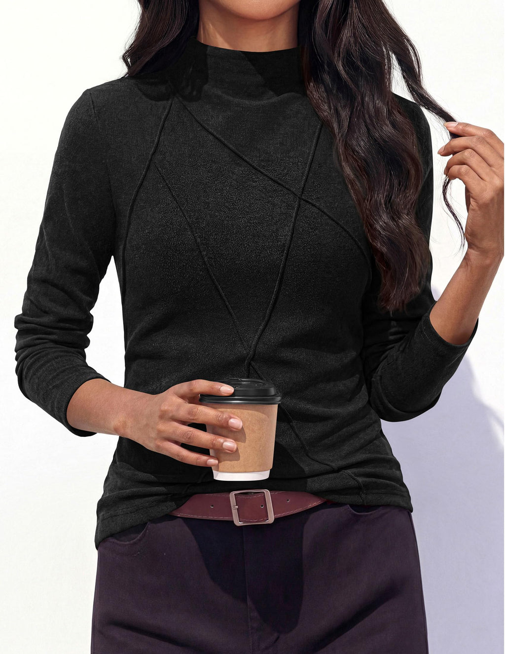 PRETTYGARDEN Women's Fall Mock Neck Long Sleeve Shirts | Soft Stretchy Knit,Geometric Seam Stitching,Slim Fitted Basic Tees,Thermal Casual Wear,Daily Work Layering Winter Tunic Top