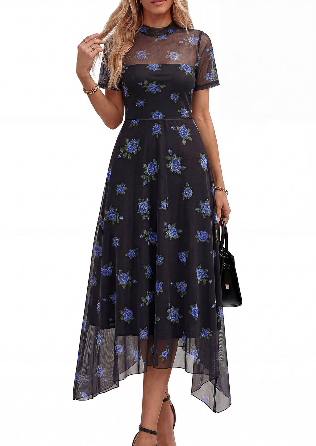 PRETTYGARDEN Cocktail Dresses for Women  Summer Short Sleeve Floral Mesh Sheer Midi Party Wedding Guest Dress