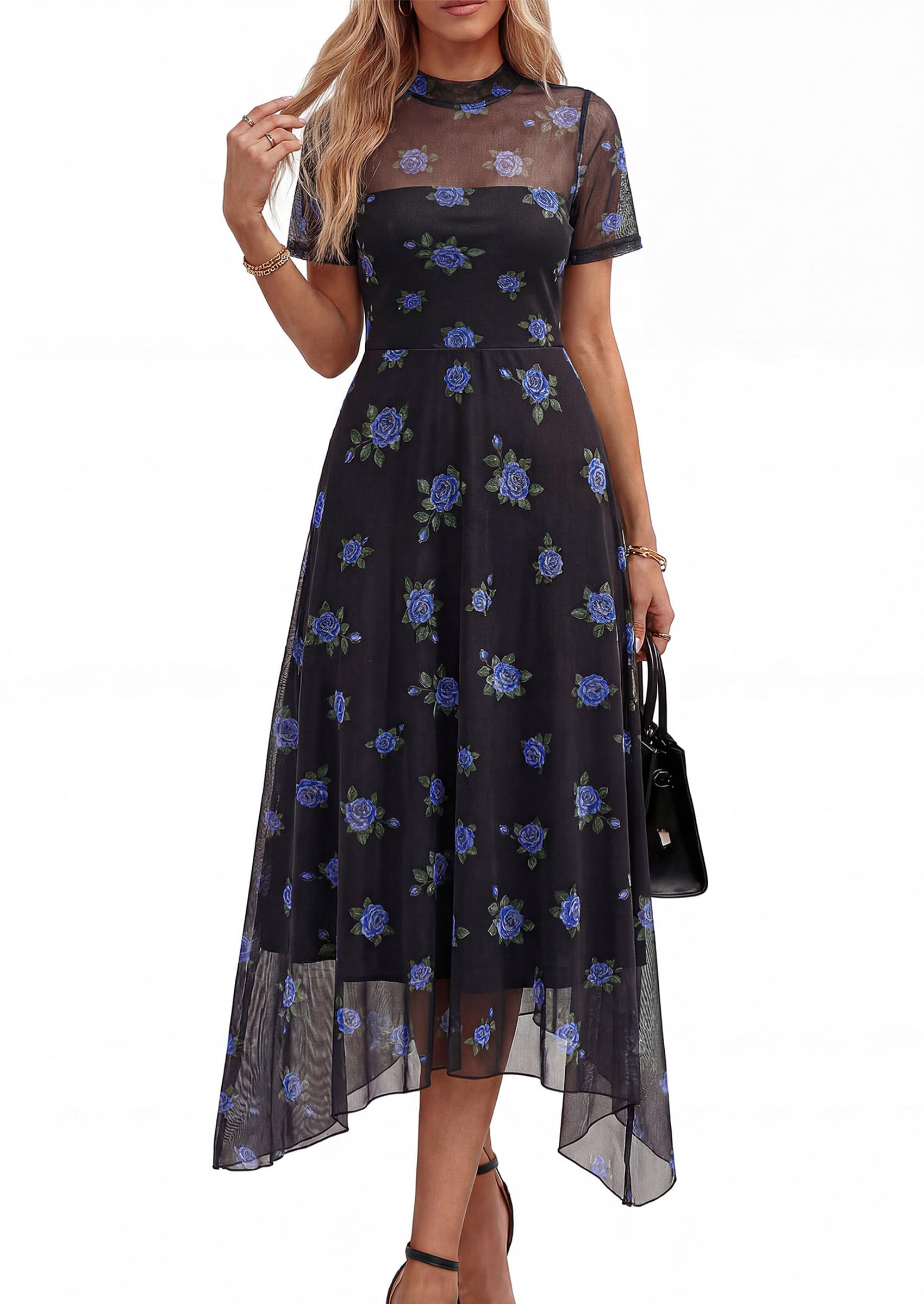 PRETTYGARDEN Cocktail Dresses for Women  Summer Short Sleeve Floral Mesh Sheer Midi Party Wedding Guest Dress