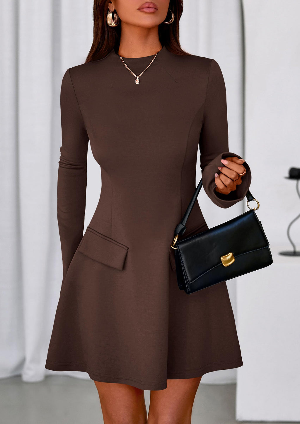 PRETTYGARDEN Women's Elegant Holiday Short Dress  Fall Bell Long Sleeve Mock Neck Work Business Casual Party Mini Dress