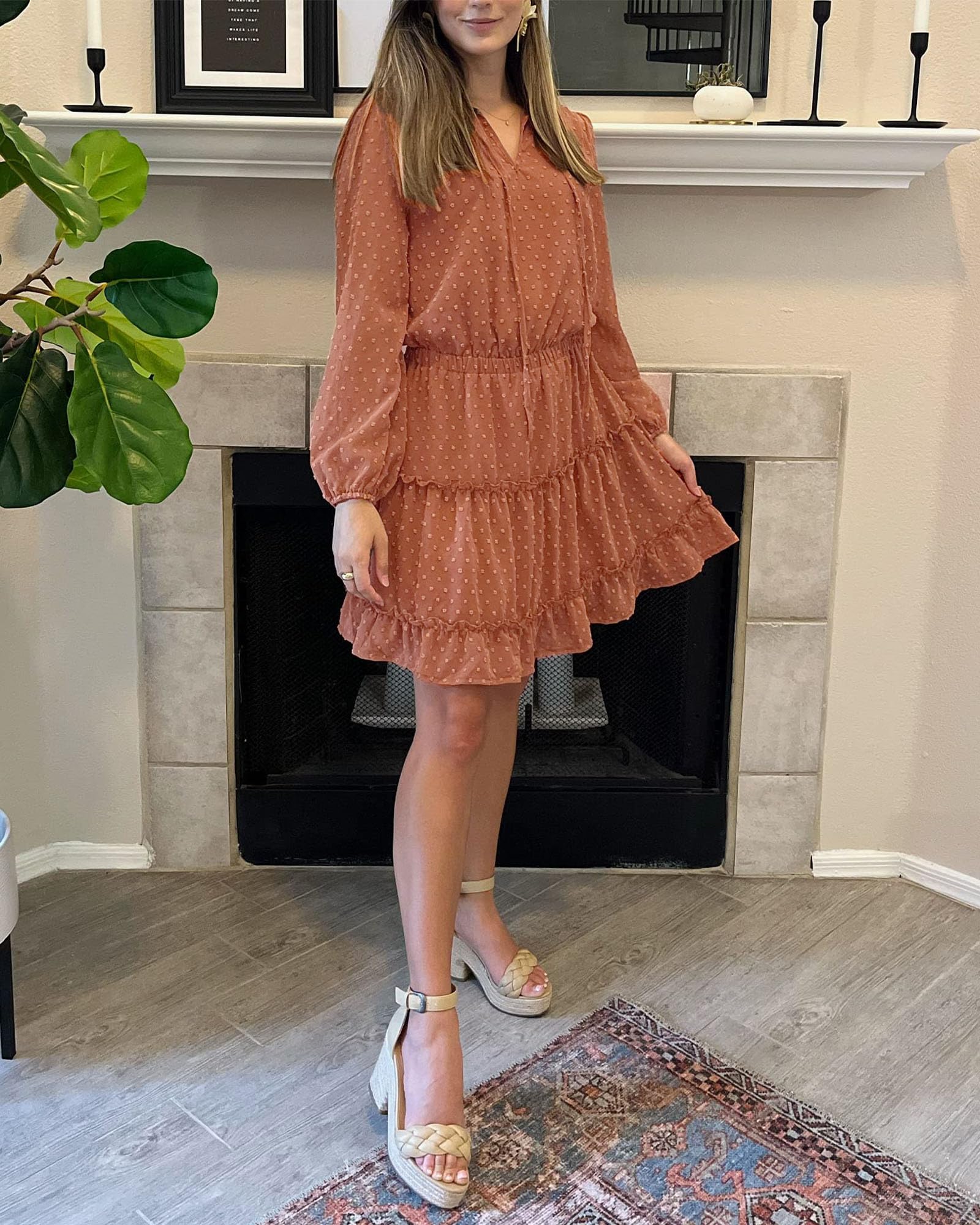 FreshPretty Long Sleeve Fall Dresses for Women Summer Casual Tie Neck Ruffle Tiered A Line Wedding Guest Short Mini Dress