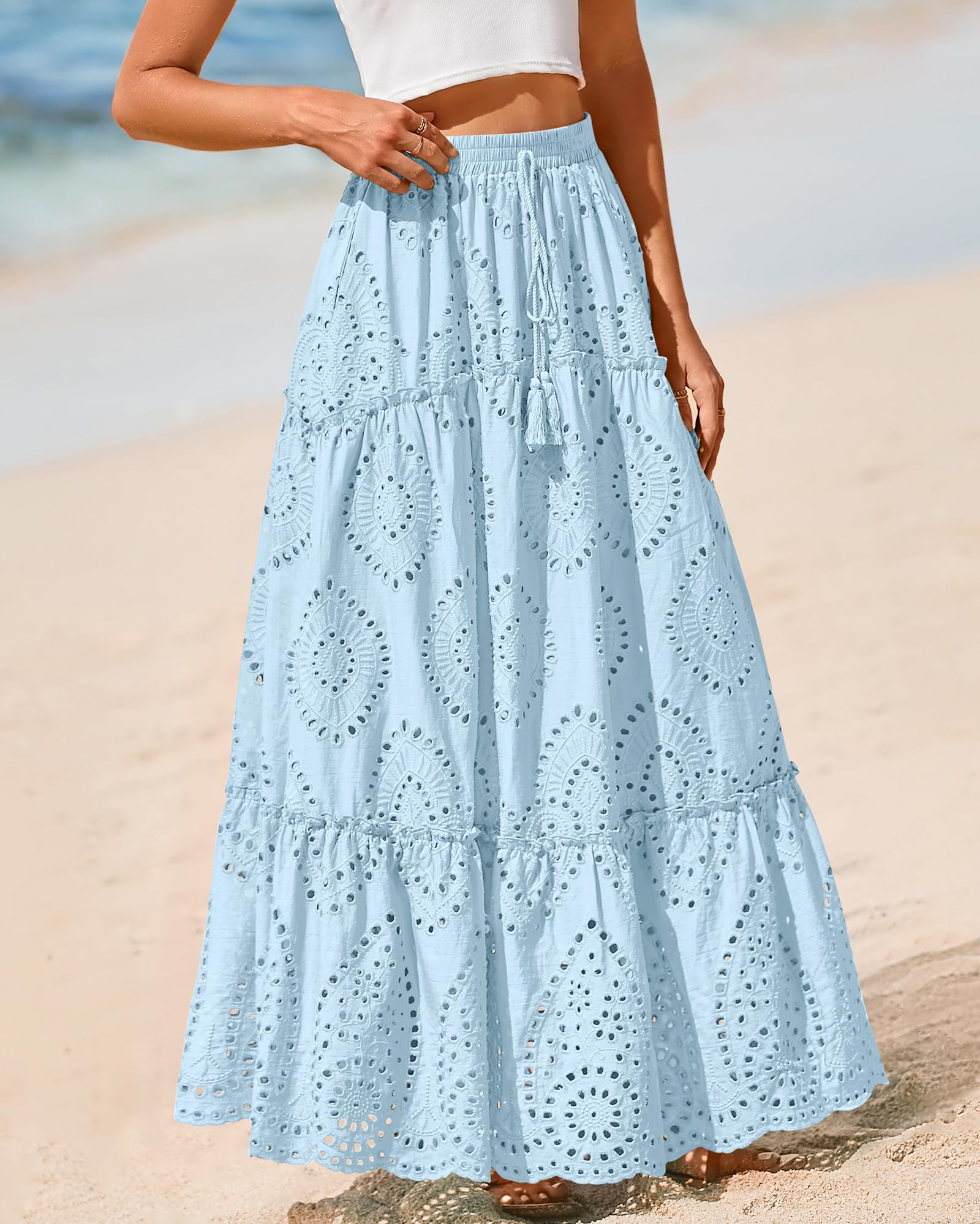 BTFBM Long Skirts for Women Summer Boho Lace Embroidery High Waist Flowy Tiered Spring Maxi Skirt Beach Vacation