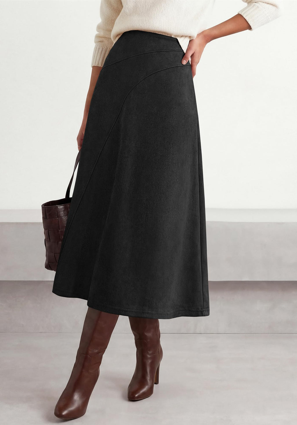 BTFBM Women Faux Suede Midi Long Skirt Fall Fashion | High Waisted Skirts For Women Trendy, Lightweight, Back Elastic, Arc Line Design, A-Line, Winter Dress, Boho Western Outfits