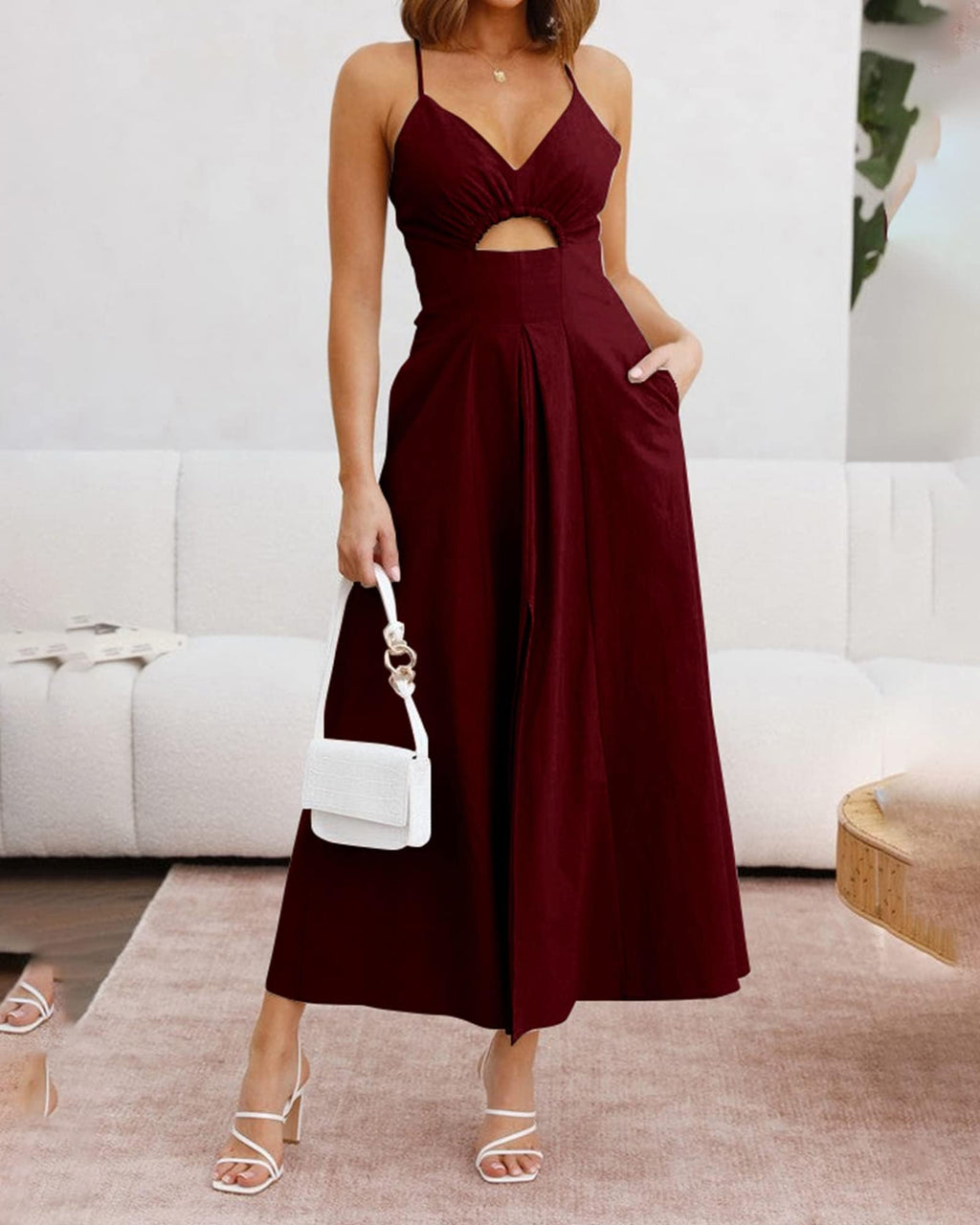 FreshPretty Women Summer Spaghetti Strap Midi Dress Sleeveless V Neck Cutout Slit Casual Beach Party Maxi Dresses Pockets