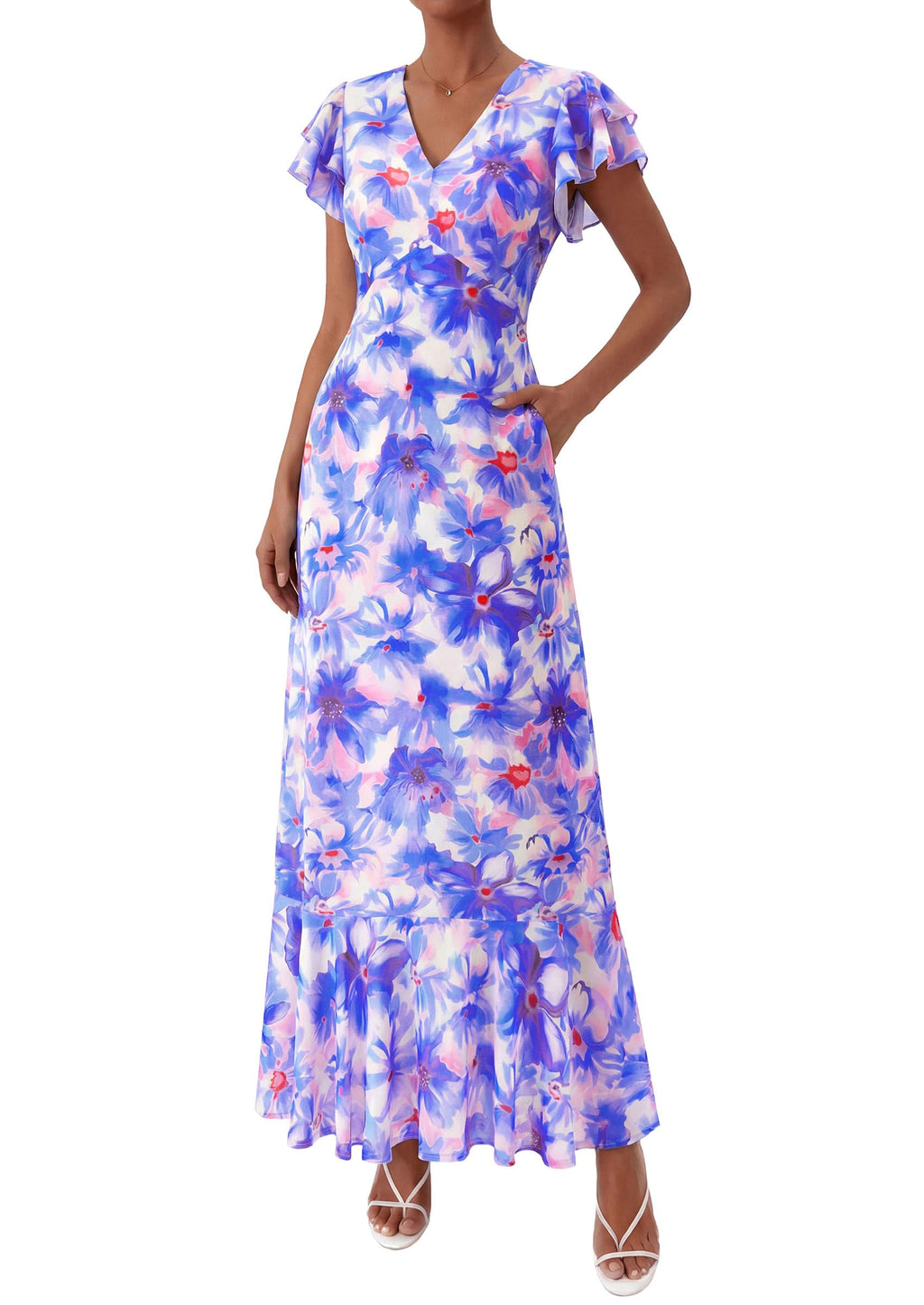 PRETTYGARDEN Womens Summer Floral Maxi Dresses Spring Short Sleeve Ruffle V Neck Flowy Boho Long Beach Vacation Sundress