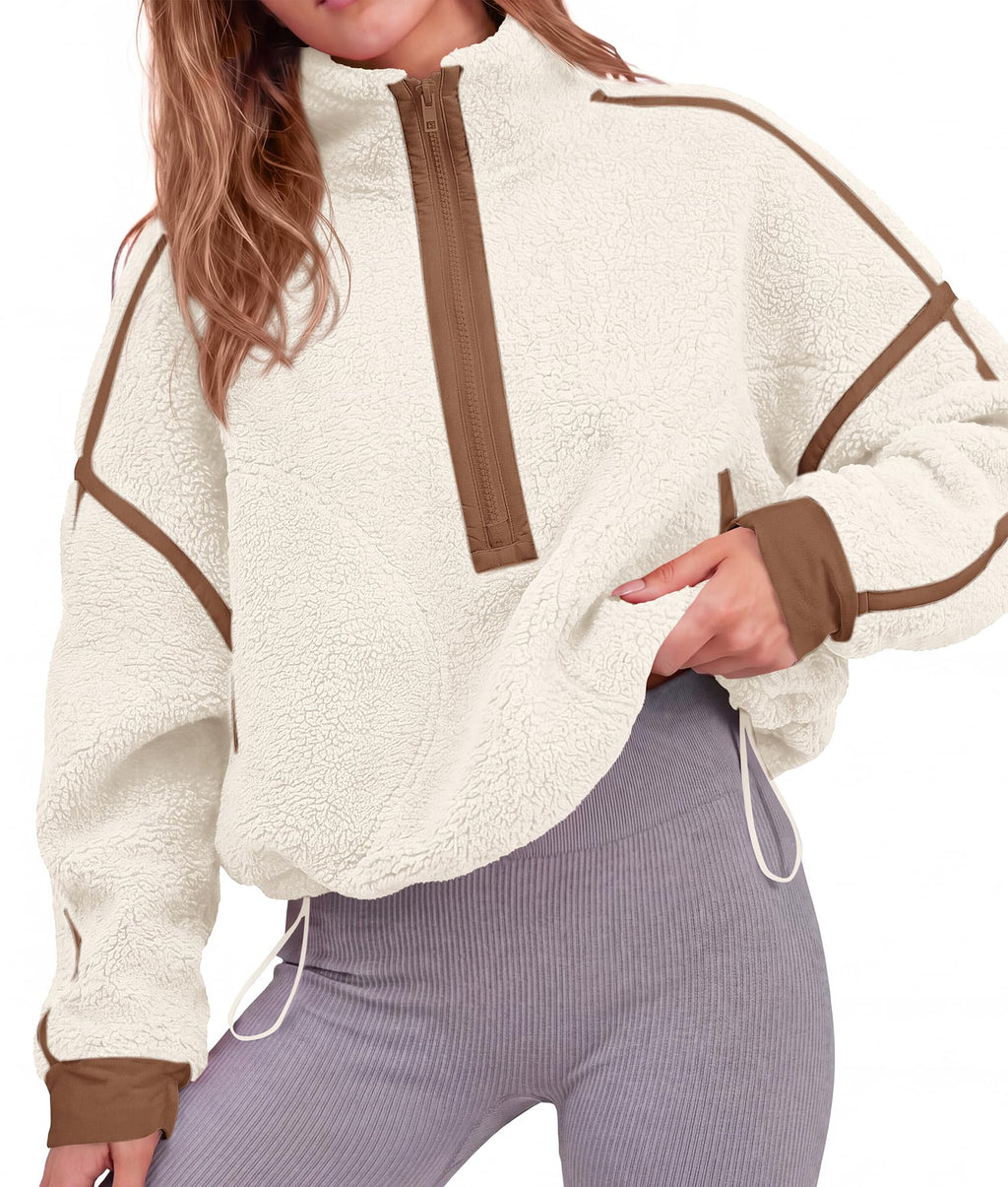 FreshPretty Womens Half Zip Fleece Pullover Sherpa Sweatshirts,Quarter Zip Cropped Jackets With Drawstring,Loose Fit Sweater Tops,Color Block Winter Coats,Trendy Fall Clothes