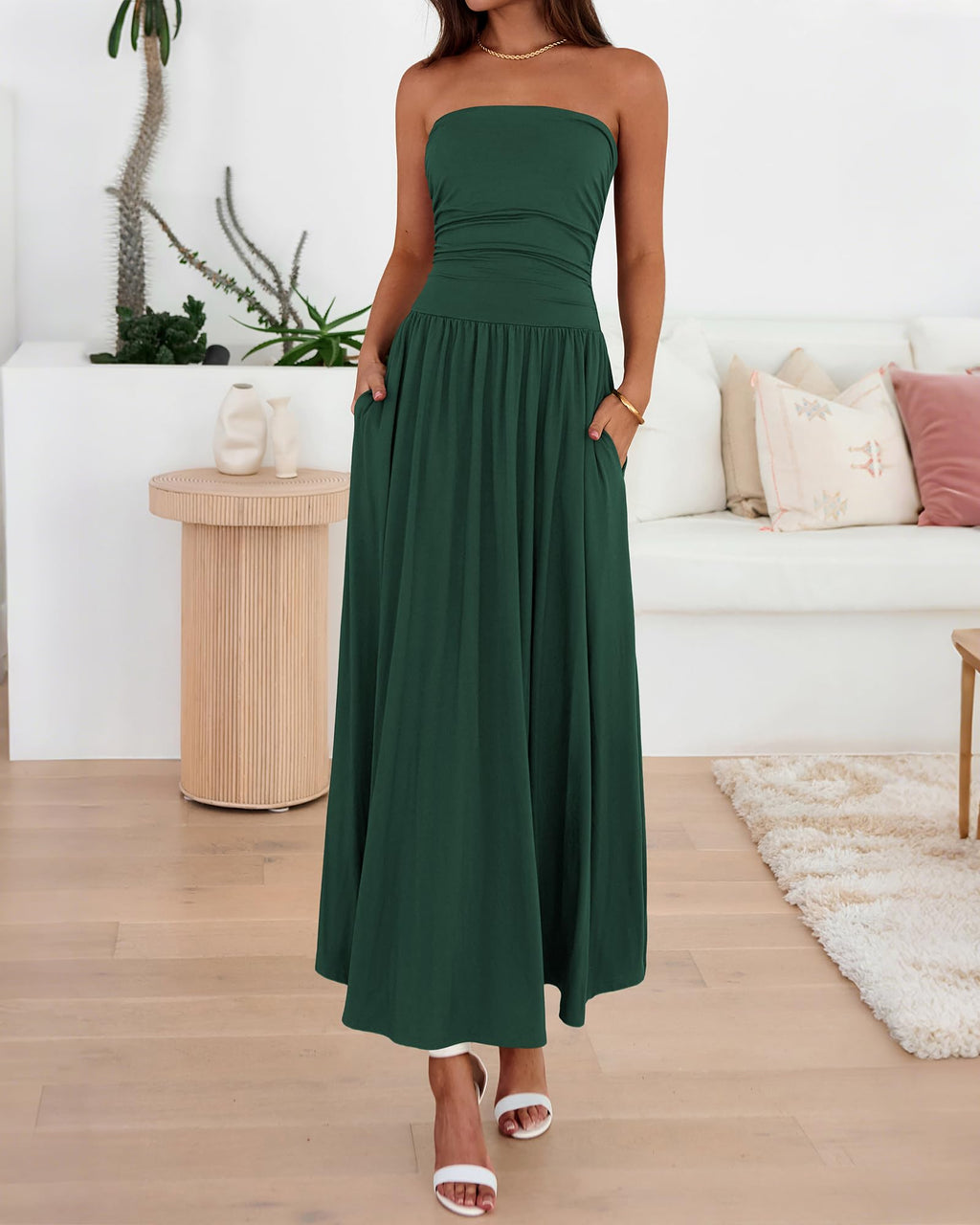 BTFBM Summer Maxi Dresses for Women Strapless Ruched Tube Top Beach Vacation Spring Wedding Guest Dress Pockets