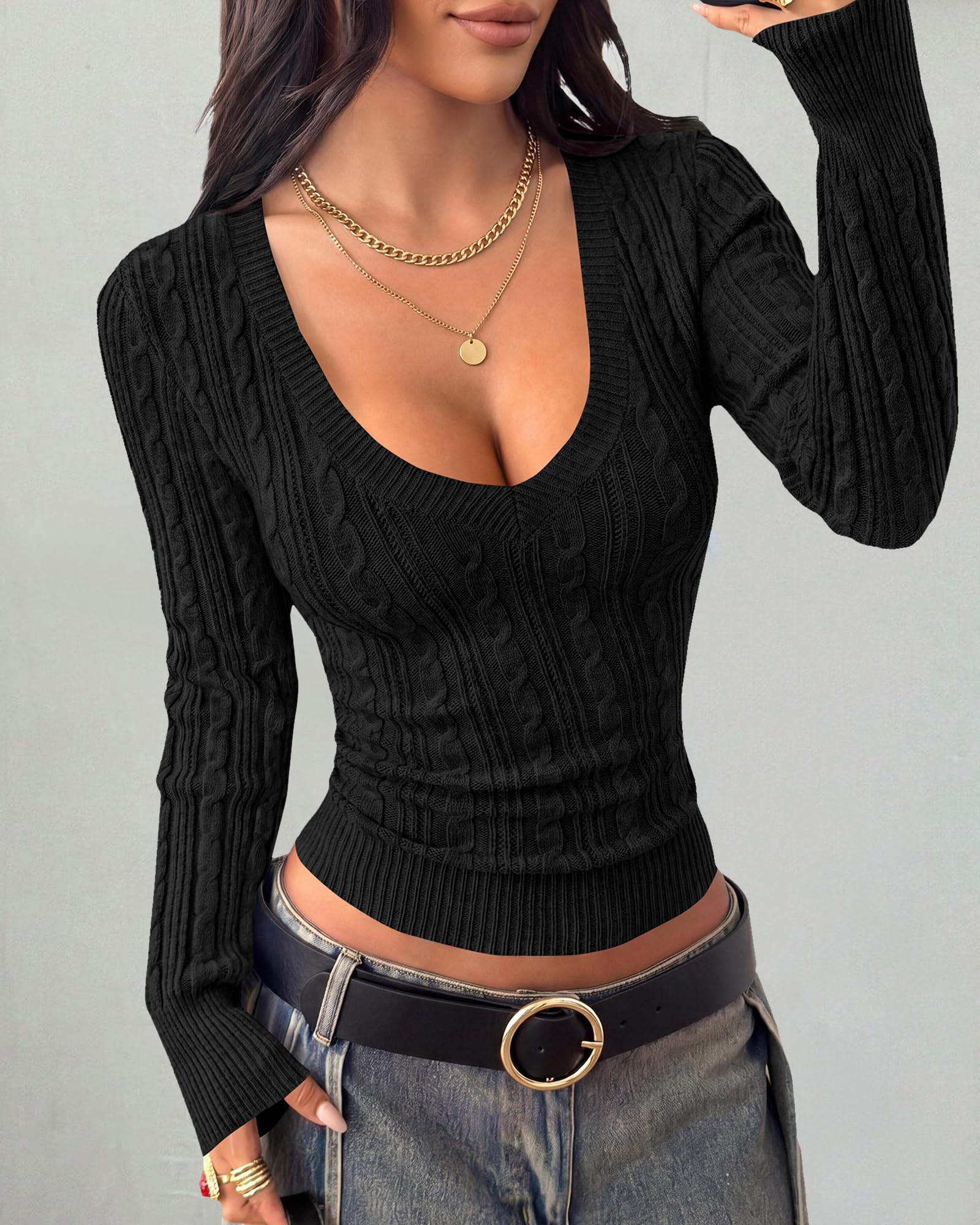 BTFBM Womens Sweaters Cable Knit V Neck Long Sleeve Tops | Lightweight Ribbed Fitted Pullover,Y2K Going Out Top,Basic Tunic Daily Wear Fall,Dressy Work Business Casual Outfits