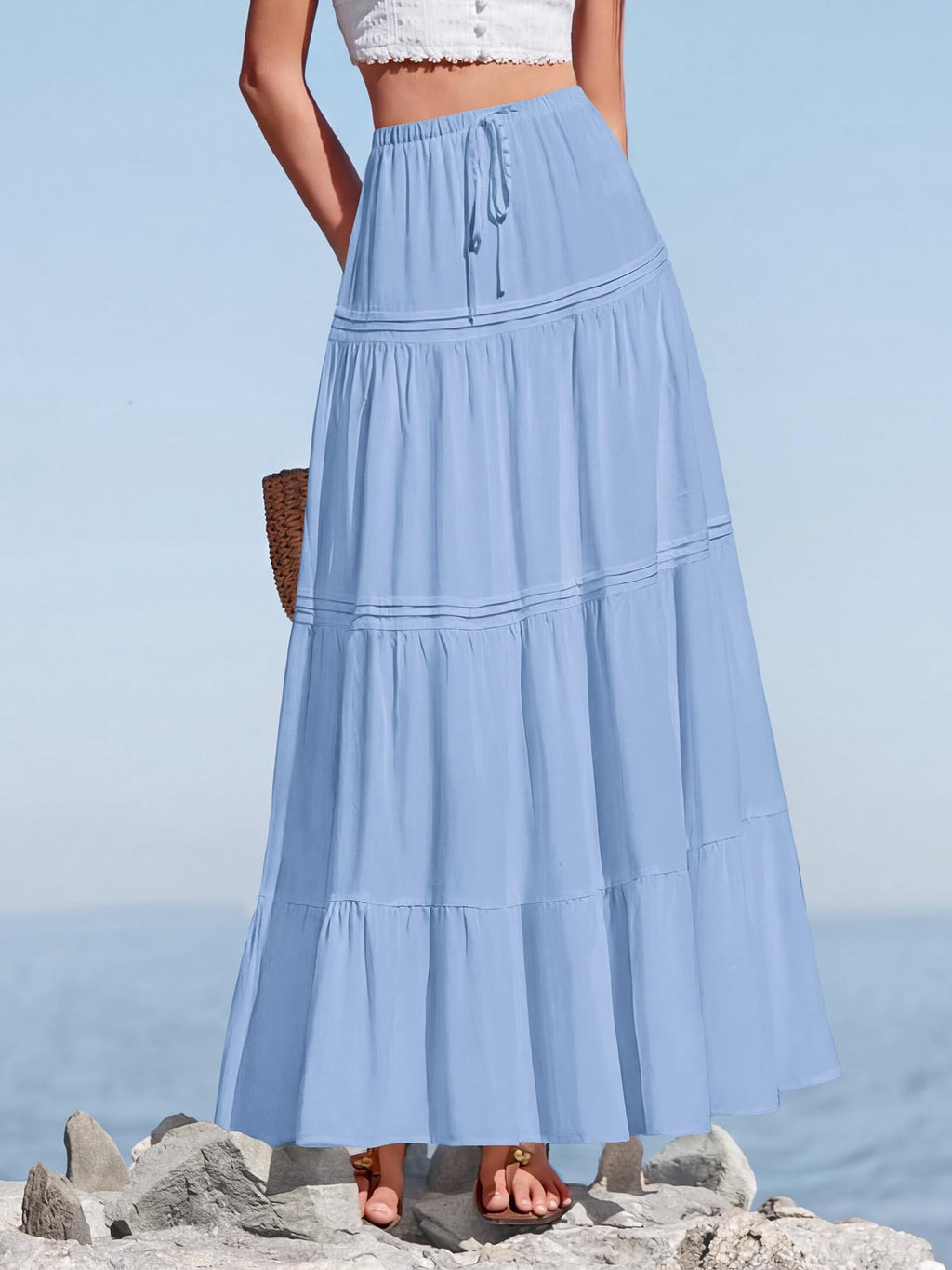 BTFBM Spring Skirts for Women Summer Boho Beach Vacation Clothes Casual Pleated High Waisted Flowy Maxi Skirt