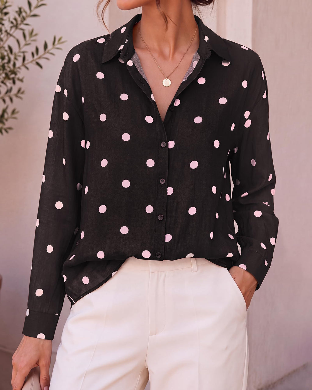 BTFBM Womens Blouses Dressy Casual Floral Long Sleeve Shirts Polka Dot Tops Classic Lapel Collar,Button Cuffs,V Neck Button Down Shirt,Business Casual Outfits,Early Fall Fashion Clothing Trendy