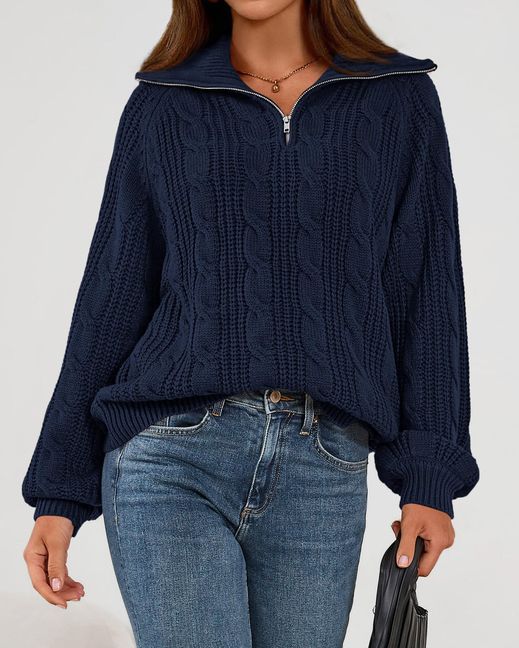 BTFBM Sweaters for Women Fall Fashion Loose Quarter Zip Pullover Collared Long Sleeve Cable Knit Winter Clothes