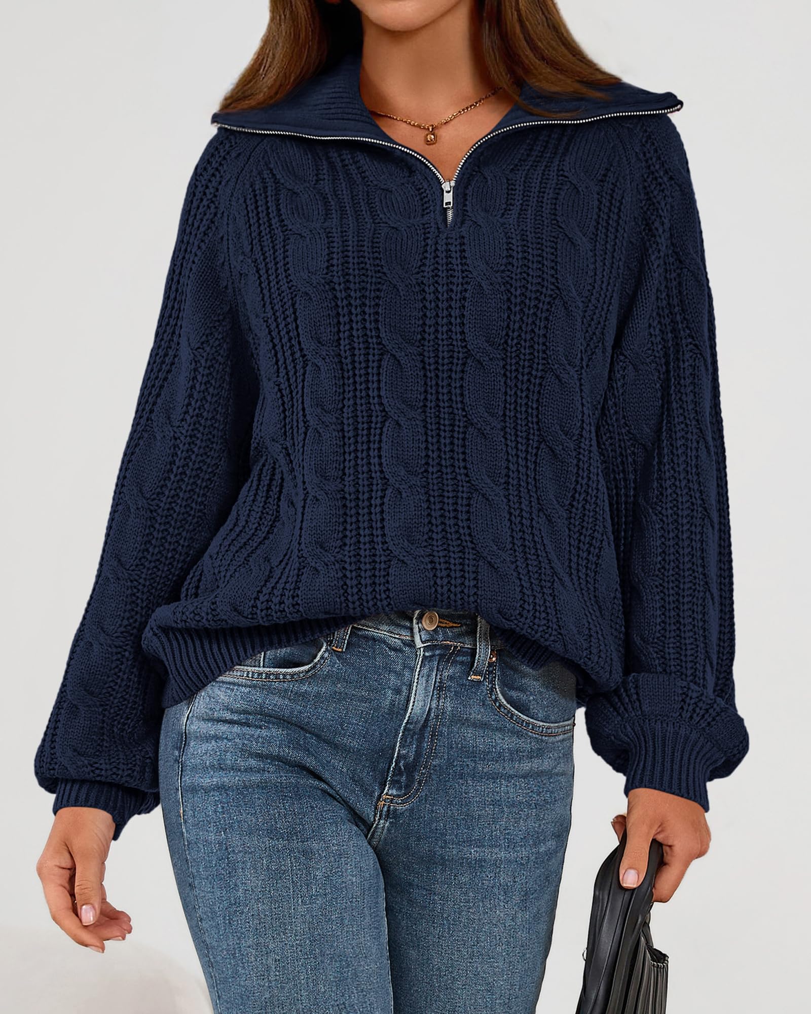 BTFBM Sweaters for Women Fall Fashion Loose Quarter Zip Pullover Collared Long Sleeve Cable Knit Winter Clothes