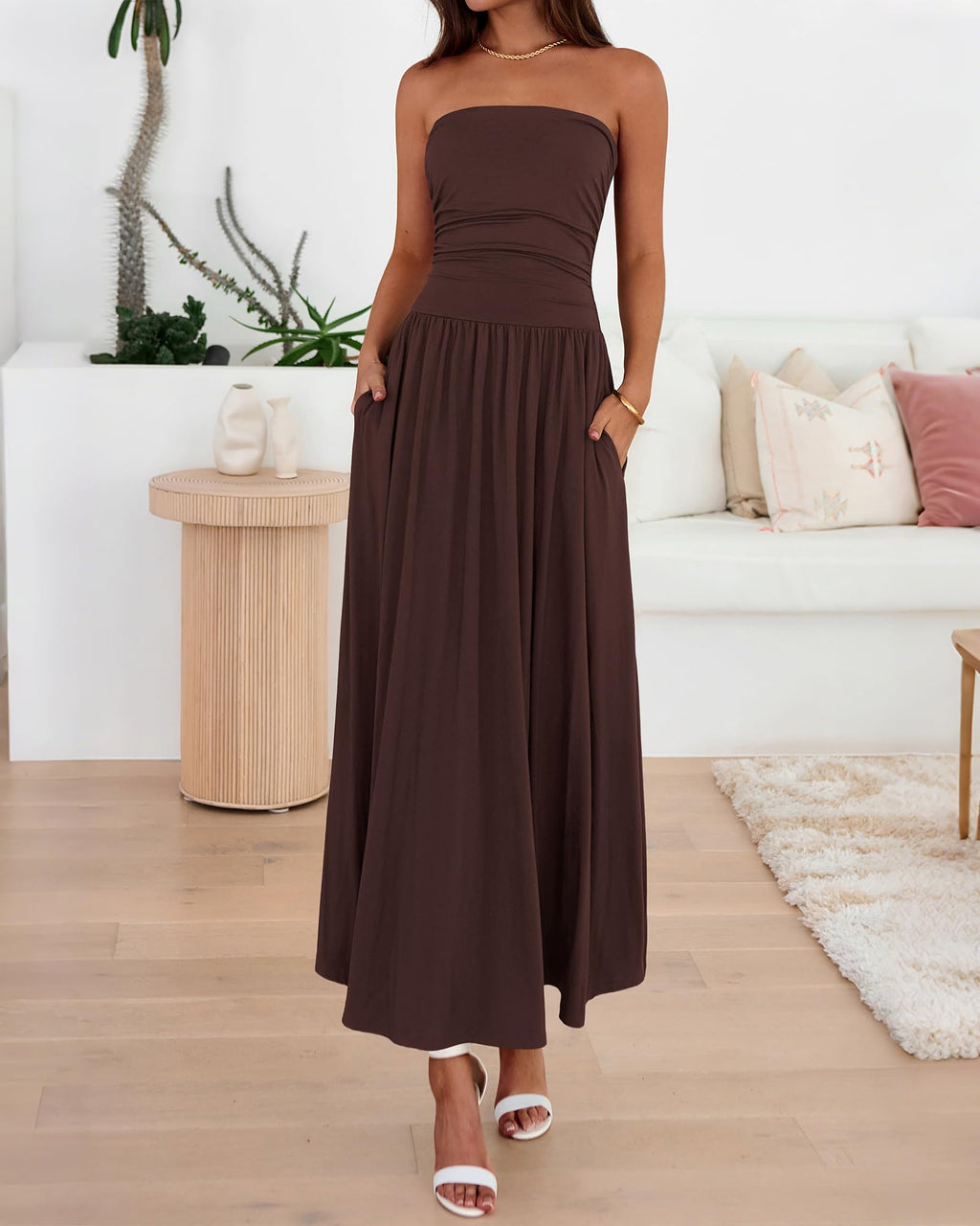 BTFBM Summer Maxi Dresses for Women Strapless Ruched Tube Top Beach Vacation Spring Wedding Guest Dress Pockets