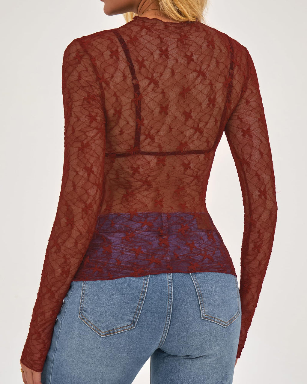 BTFBM Womens Tops Mesh Lace Long Sleeve Tops for Women Spring Fall Sheer See Through Tight Party Club Outfits