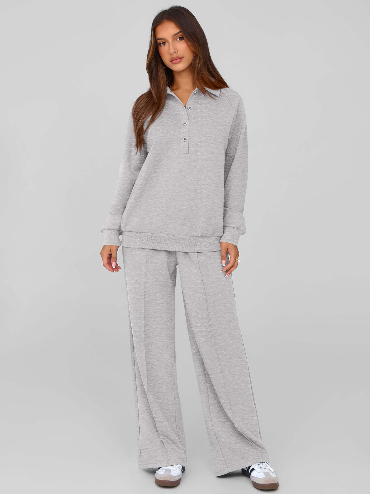 PRETTYGARDEN Women Fall 2 Piece Outfits Sweatsuits Lounge Sets Quarter Button Long Sleeve Sweatshirt, Wide Leg Sweat Pants, Casual 2 Piece Sets Tracksuit, Airport Travel Outfits for Women