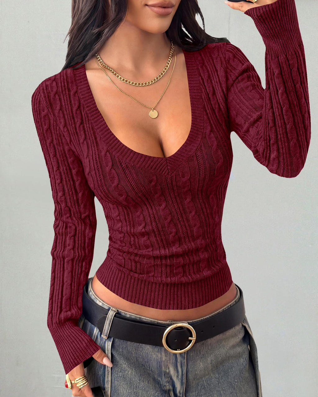BTFBM Womens Sweaters Cable Knit V Neck Long Sleeve Tops | Lightweight Ribbed Fitted Pullover,Y2K Going Out Top,Basic Tunic Daily Wear Fall,Dressy Work Business Casual Outfits