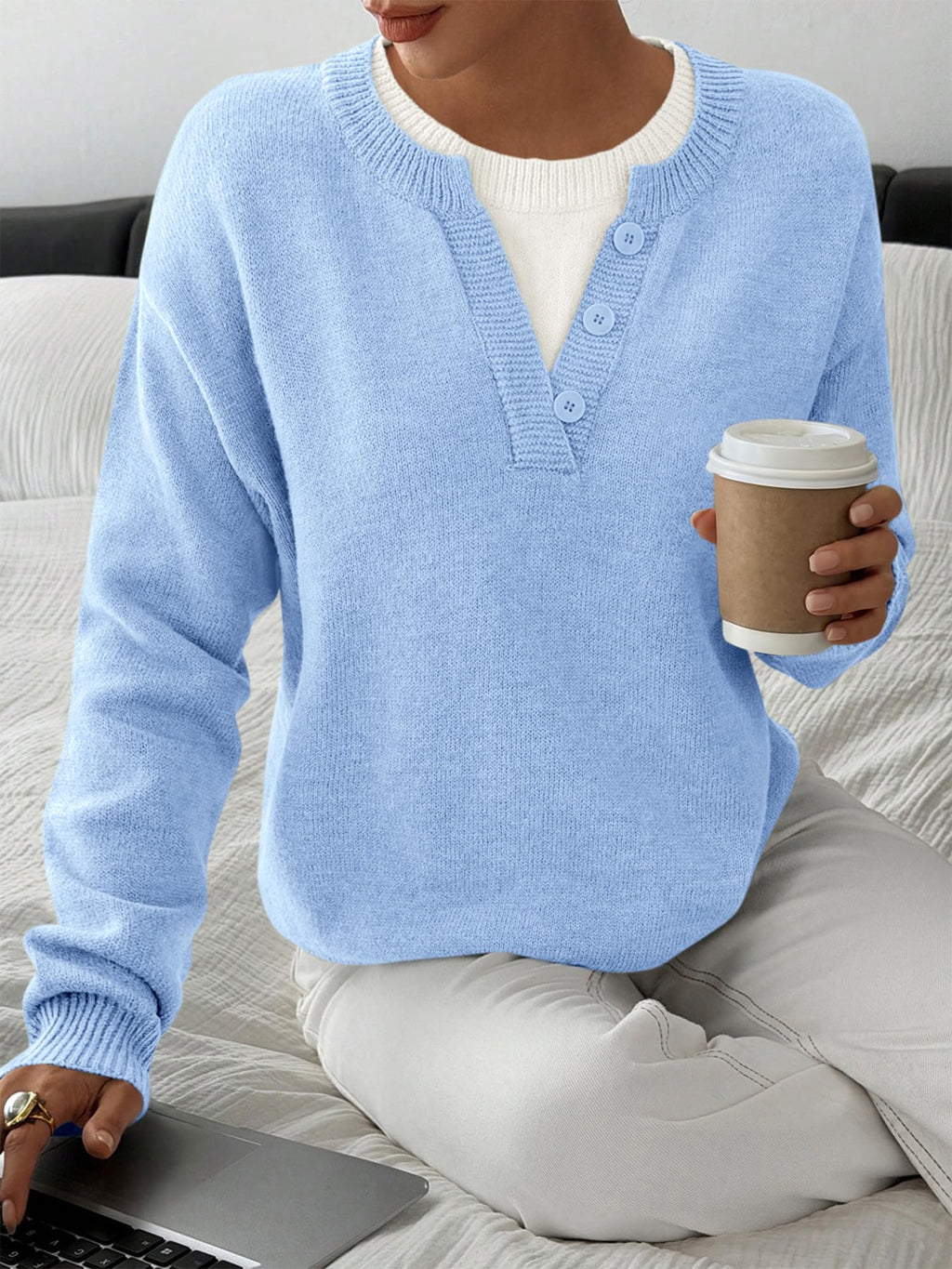 BTFBM Women Long Sleeve Crew Neck Sweaters Tops, 2 in1 Knitted Pullover, Deco Buttons, Oversized, Stretchy, Vacation, Business Casual Outfits, Fall Winter Trendy