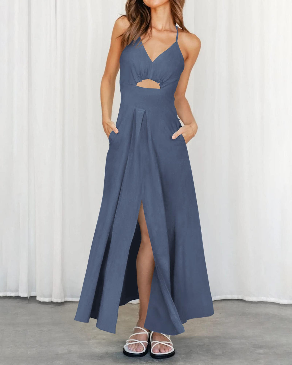 BTFBM Women Spaghetti Strap Midi Summer Dresses Sleeveless V Neck Cutout Slit Casual Beach Party Maxi Dress Pockets