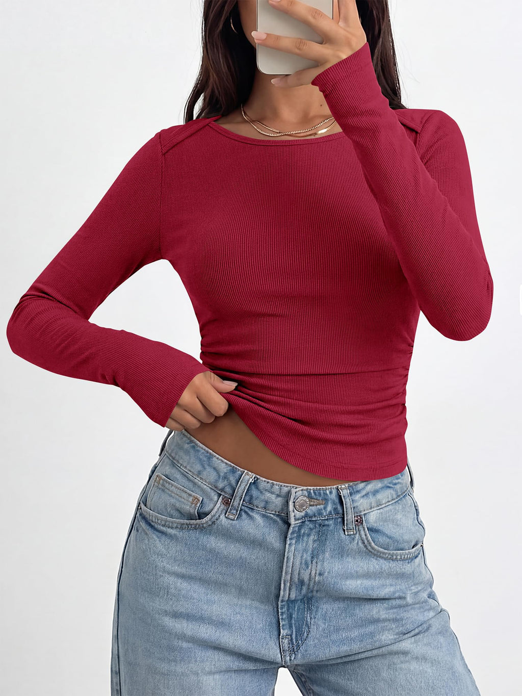 BTFBM Womens Long Sleeve T Shirts Spring Clothes Ribbed Slim Fit Boat Neck Casual Going Out Tops Workout Outfits