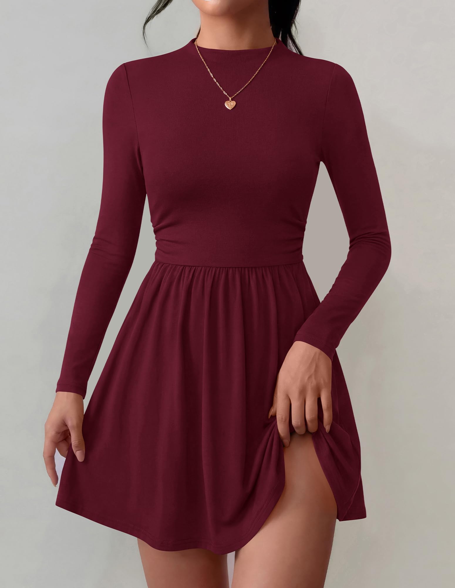 BTFBM Long Sleeve Dresses for Women Mock Neck A Line Flowy Mini Dress Swing Pleated Hem,Cocktail Party Club Holiday Going Out Outfits,Dressy Casual Winter,Trendy Early Fall Fashion Clothing