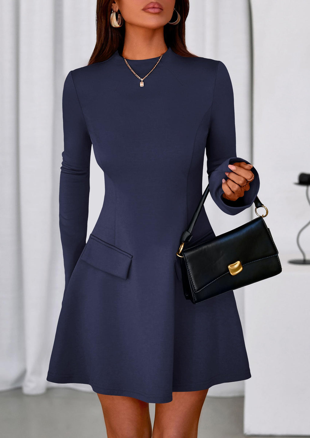 PRETTYGARDEN Women's Elegant Holiday Short Dress  Fall Bell Long Sleeve Mock Neck Work Business Casual Party Mini Dress