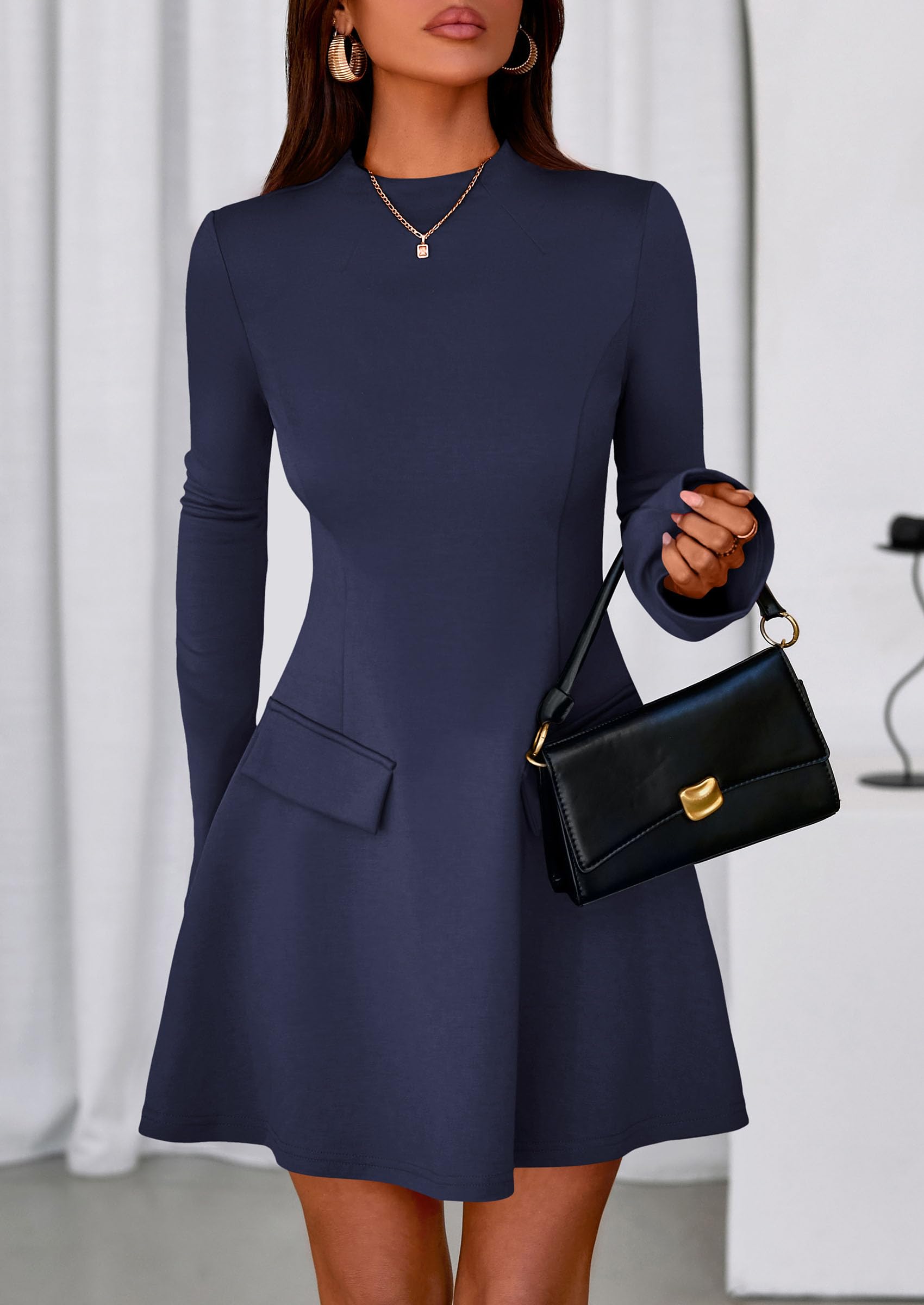 PRETTYGARDEN Women's Elegant Holiday Short Dress  Fall Bell Long Sleeve Mock Neck Work Business Casual Party Mini Dress