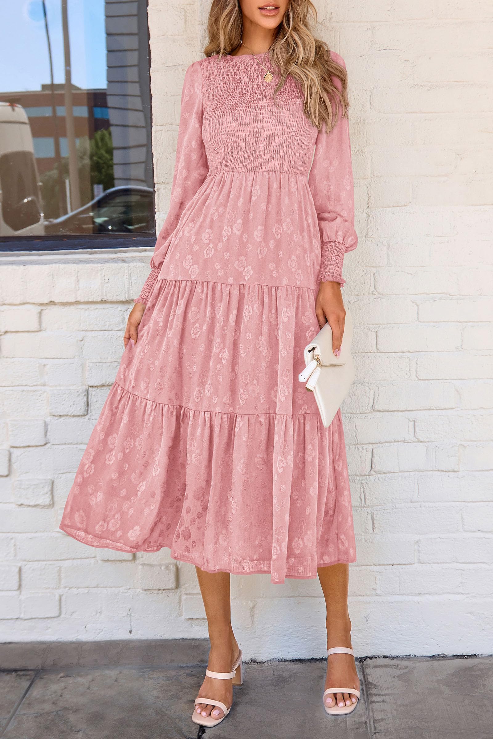 PRETTYGARDEN Women's Fall Spring Midi Dress Long Sleeve Floral Smocked Elegant Wedding Guest Long Flowy Dresses with Pockets