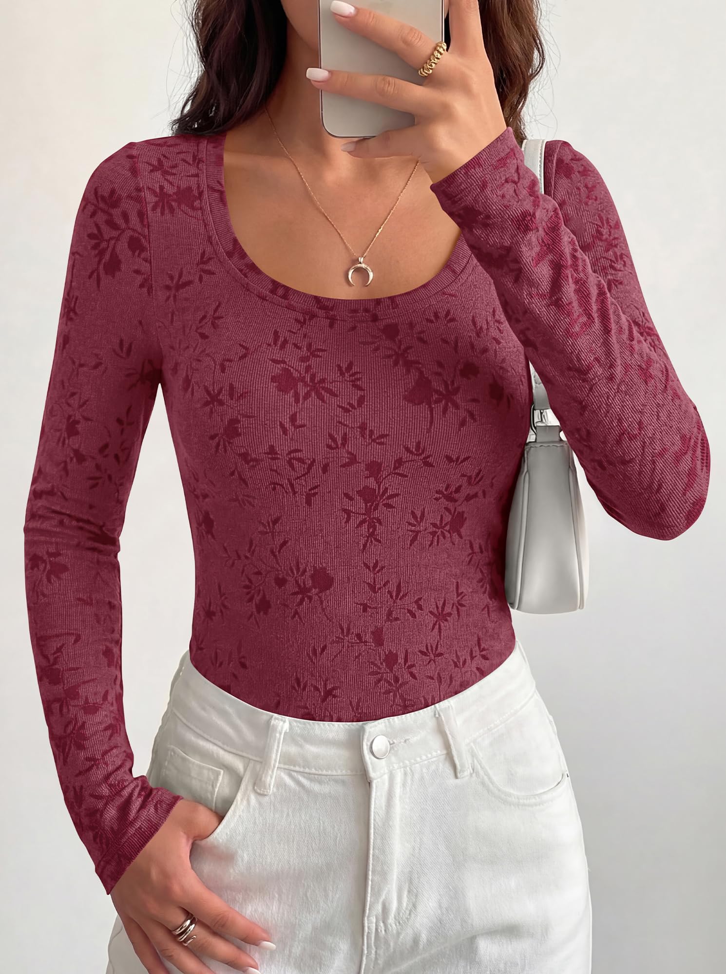 BTFBM Women's Long Sleeve Scoop Neck Shirts Floral Tops | Casual Women Fall Clothes, Ribbed Slim Fitted T-Shirts, y2k Fashion Clothing, Concert Going Out Top, Club Date Night Outfits
