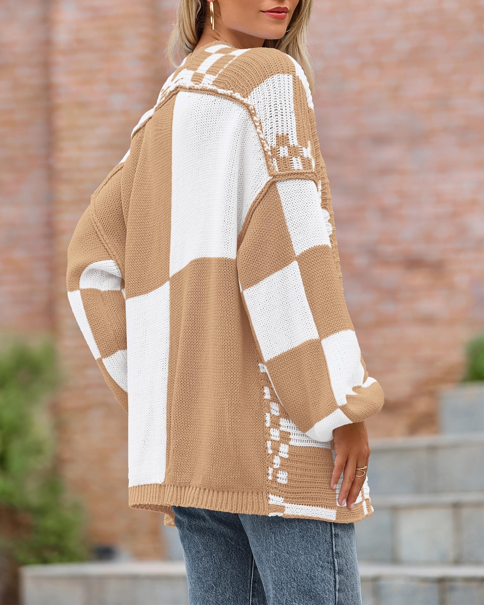 FreshPretty Casual Cardigan Sweater for Women Fall Long Sleeve Open Front Chunky Knit Sweaters Checkered Outwear Coat