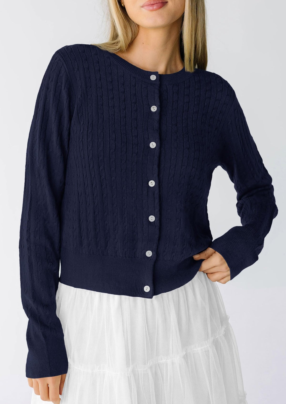 PRETTYGARDEN Women Lightweight Button Up Cardigan Sweaters | Soft Stretchy, Cozy Cable Knit, Long Sleeve Crew Neck, Trendy Cardigans, Cute Casual Outfits, Early Fall Fashion Clothing