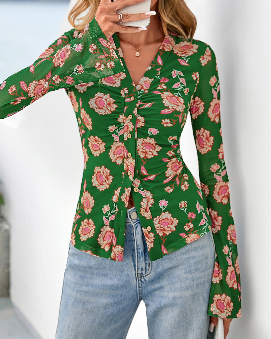 BTFBM Button Down Shirts for Women Spring Boho Tops V Neck Long Sleeve Blouses Ruched Mesh Fitted Fall Fashion