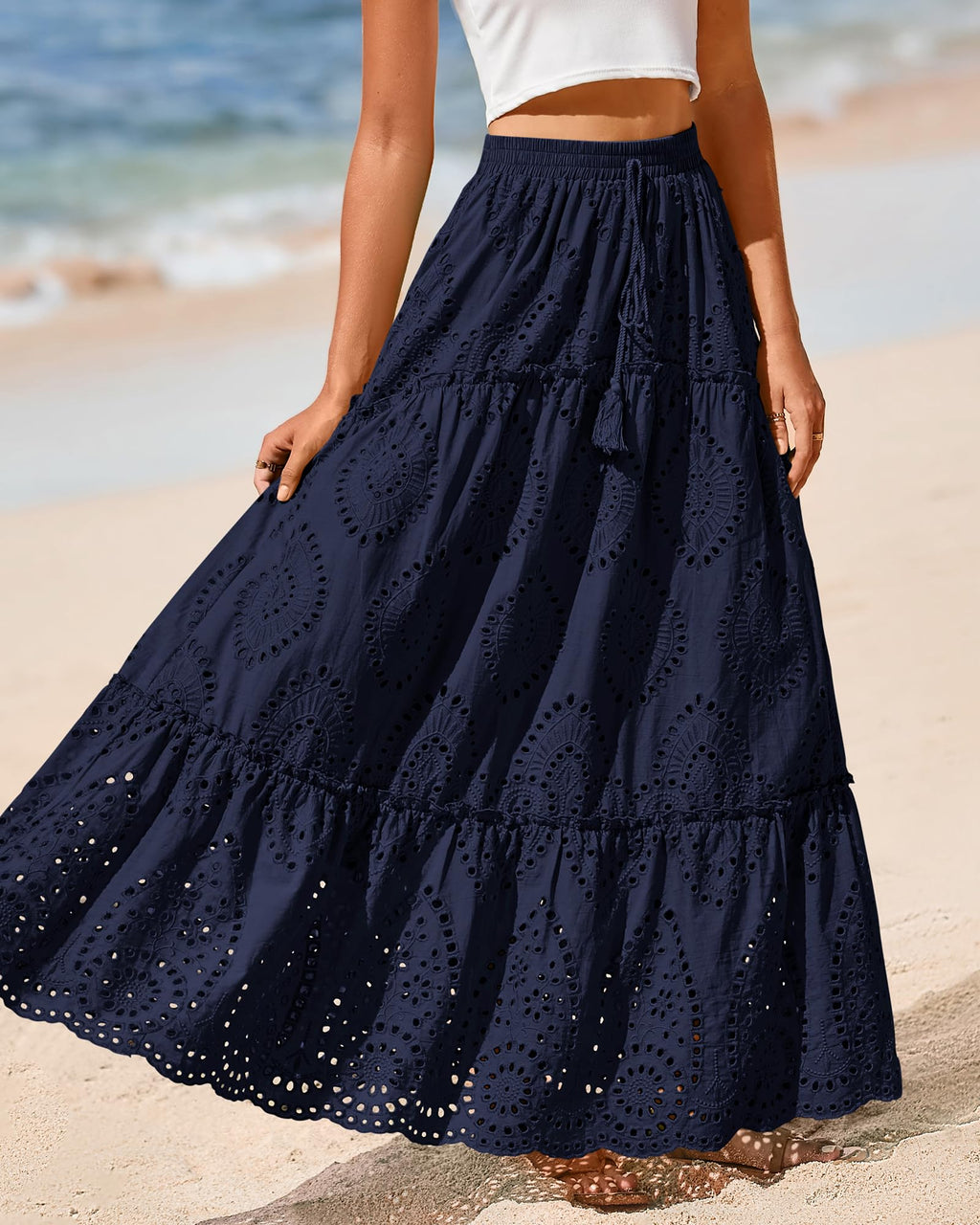 BTFBM Long Skirts for Women Summer Boho Lace Embroidery High Waist Flowy Tiered Spring Maxi Skirt Beach Vacation