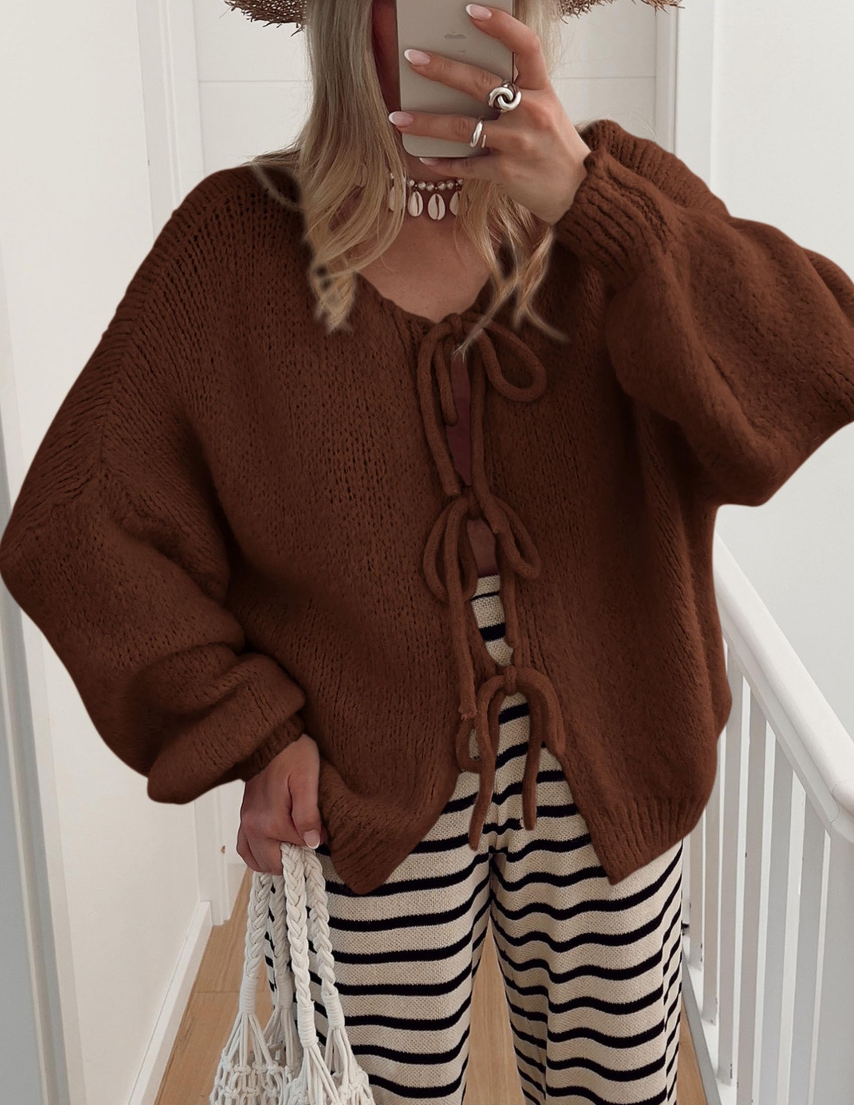 PRETTYGARDEN Women's Tie Front Bow Cardigan Sweaters Chunky Knit Long Puff Sleeve Trendy Fall Winter Jacket Coat