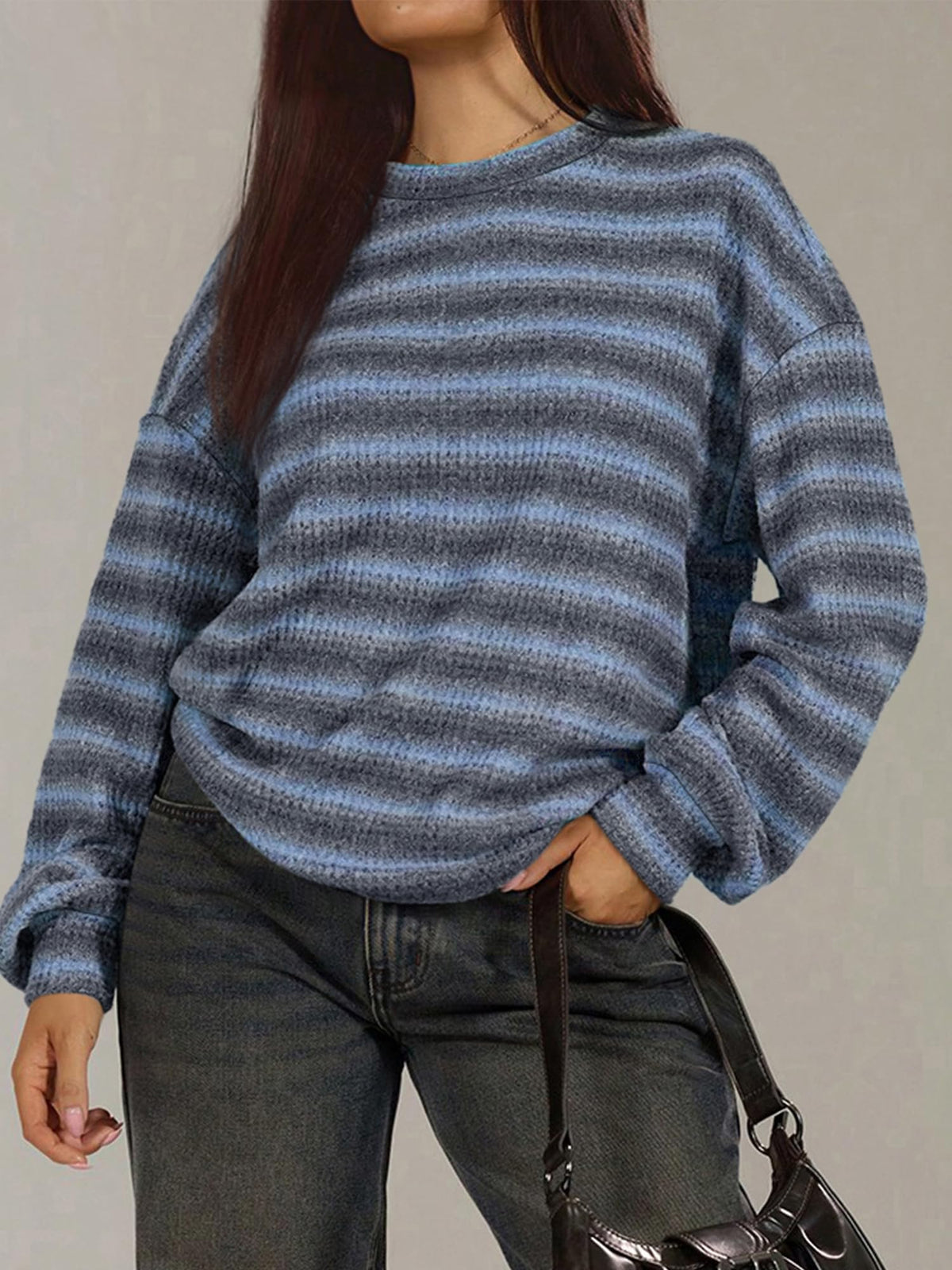 FreshPretty Striped Waffle Knit Tops for Women Lightweight Pullover Sweaters,Womens Fall Outfits,Basic Casual Crew Neck Long Sleeve Top,Trendy Loose Blouses Daily Wear,Winter Layering Clothes